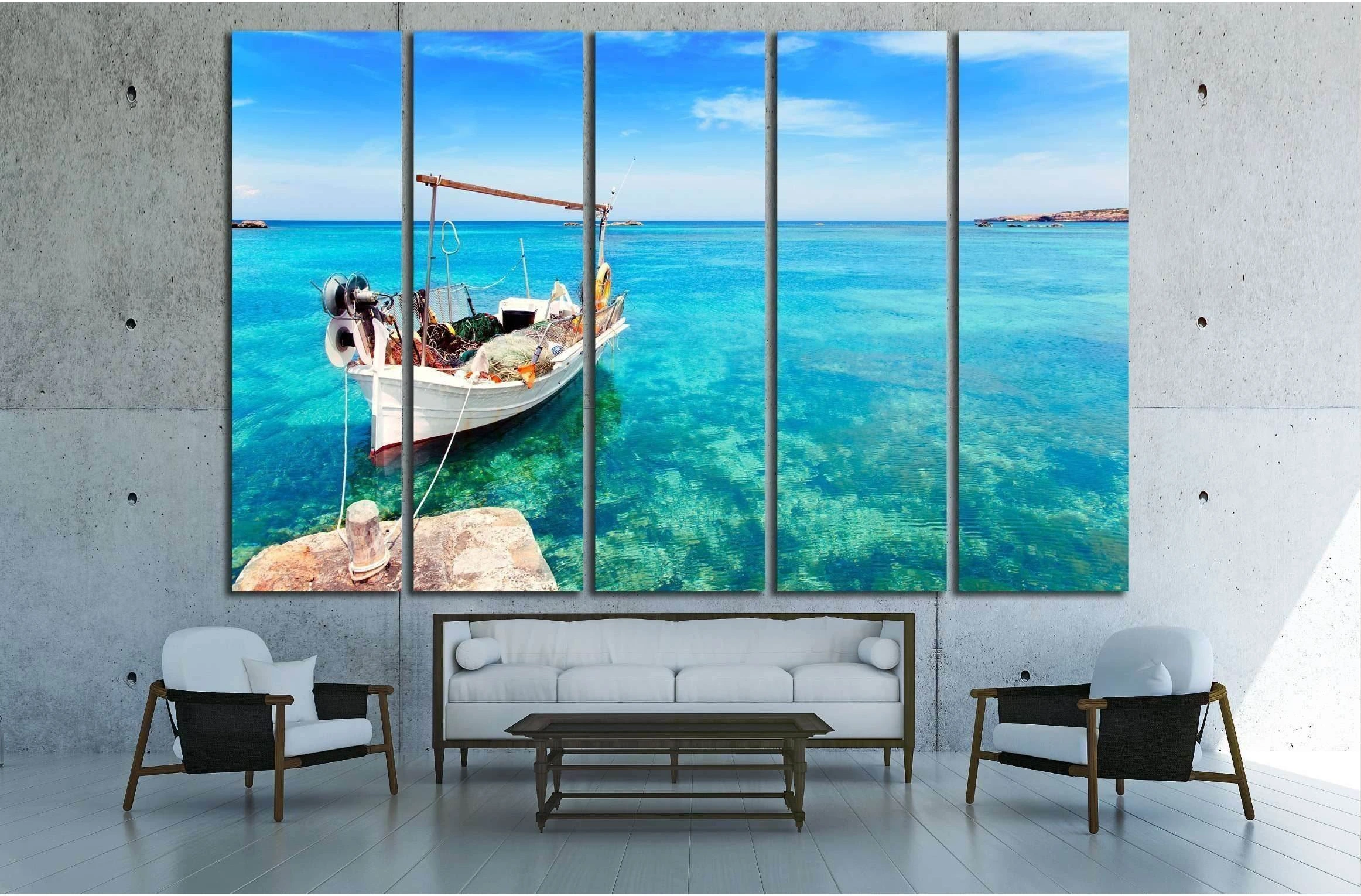 Els Pujols beach in Formentera with traditional fishing boat in summer day №2509 Ready to Hang Canvas Print - Zellart Canvas Prints ALL_Products, s-2509
