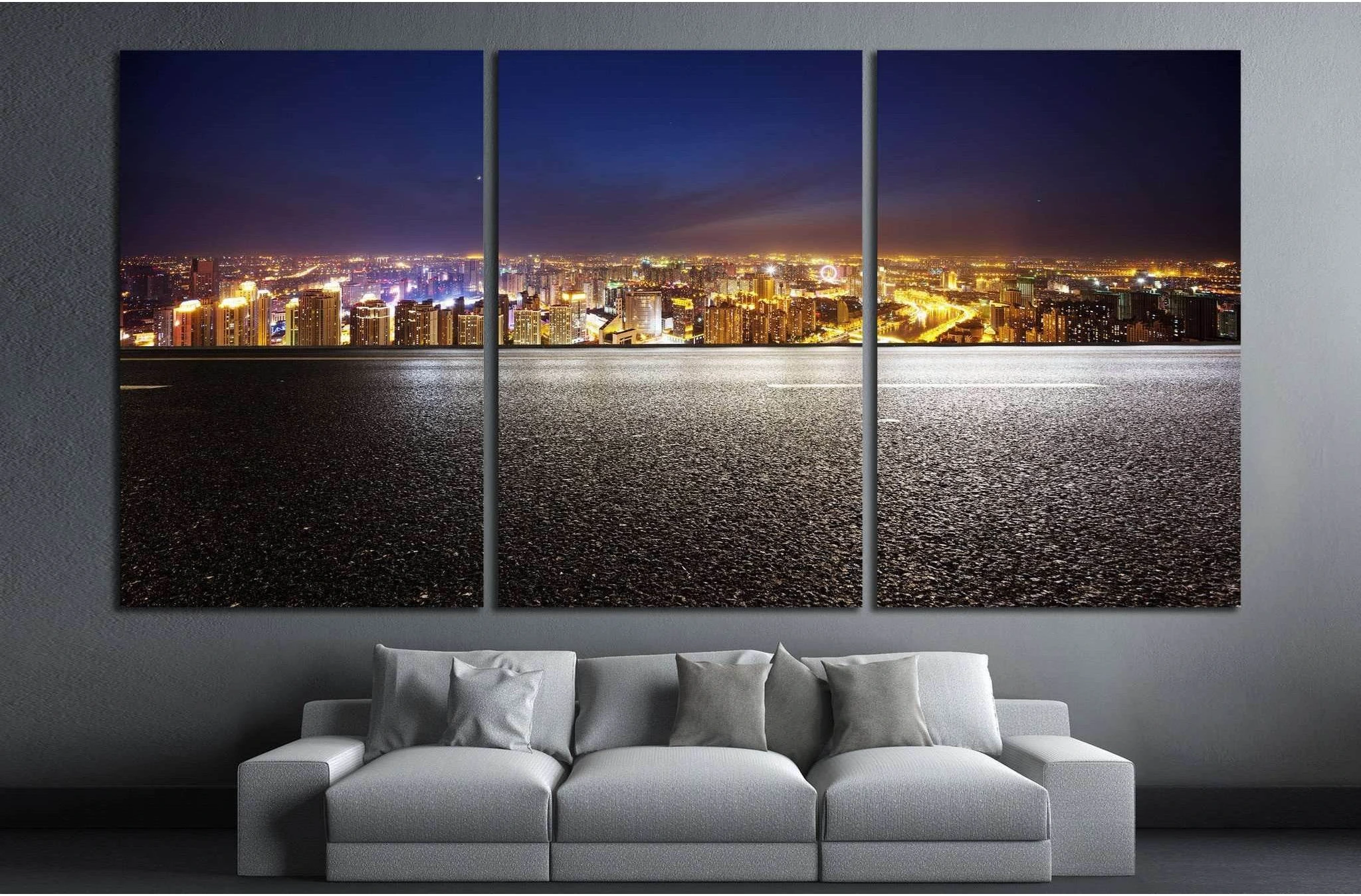 Empty asphalt road and modern skyline at night №1433 Ready to Hang Canvas Print - Zellart Canvas Prints ALL_Products, s-1433