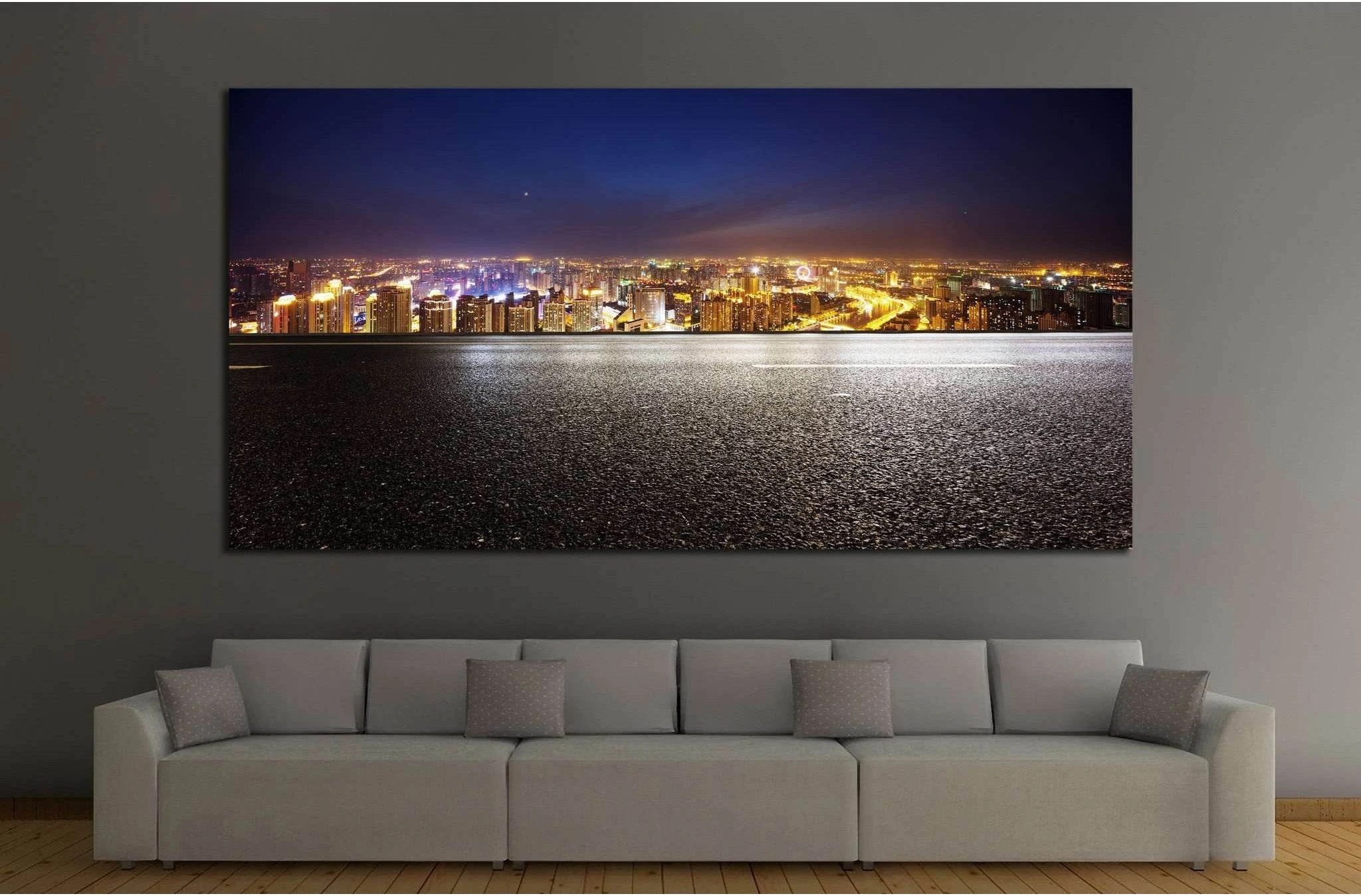 Empty asphalt road and modern skyline at night №1433 Ready to Hang Canvas Print - Zellart Canvas Prints ALL_Products, s-1433