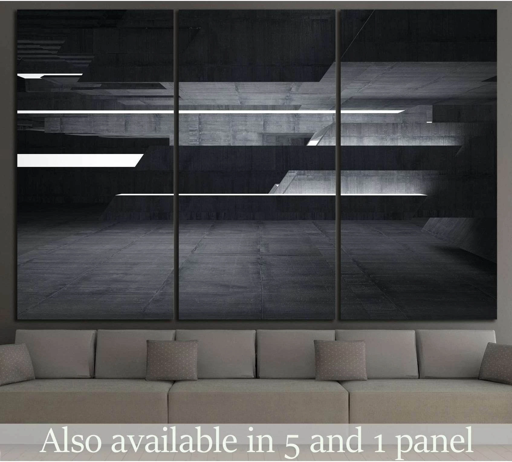 Dark abstract triptych canvas print with layered concrete-like geometric forms above a sofa