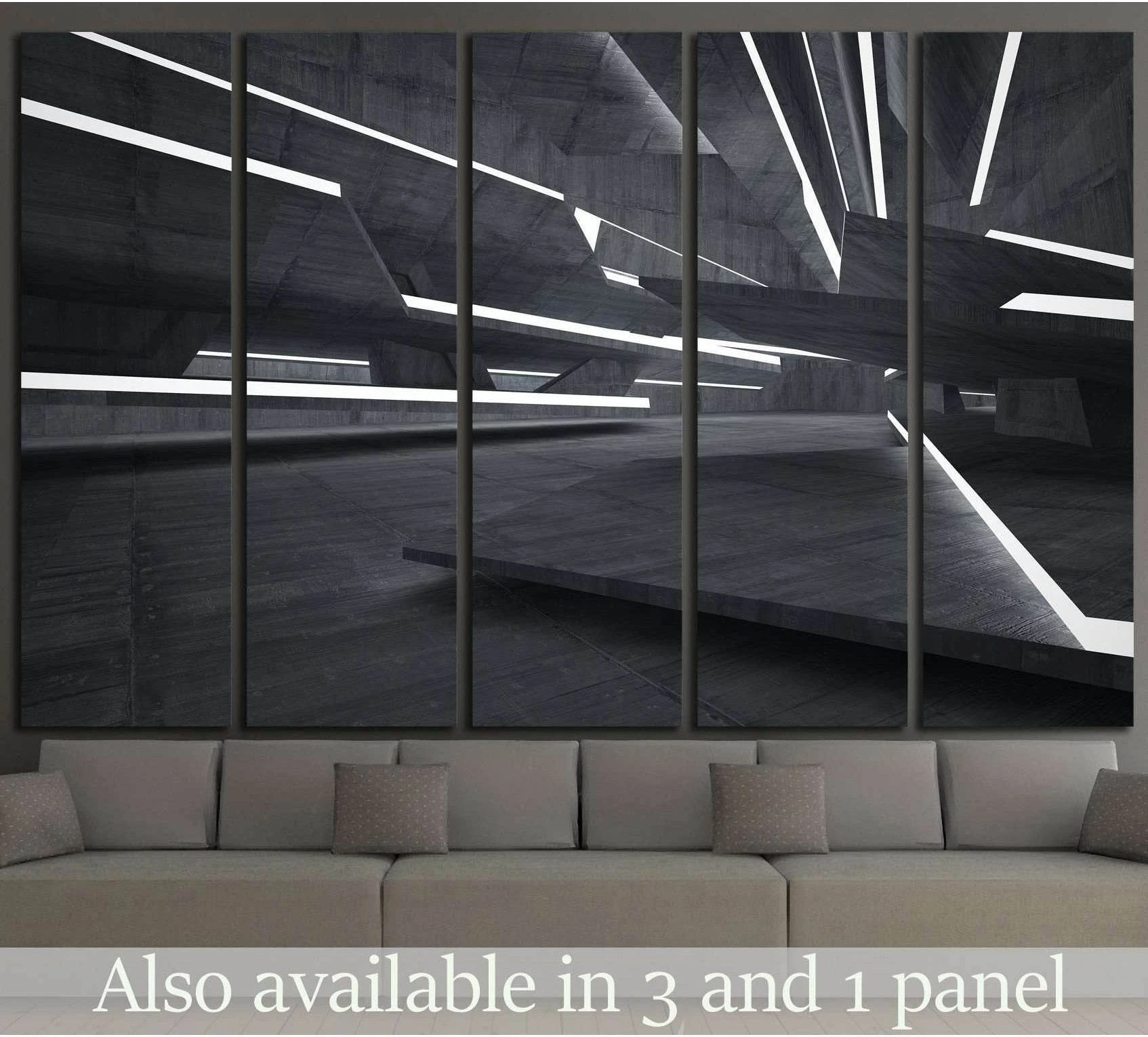 Dark abstract architectural canvas print with angular concrete planes and white light lines