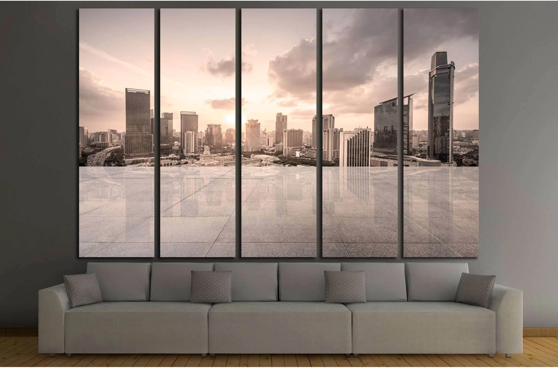 Empty floor with modern skyline and buildings №3001 Ready to Hang Canvas Print - Zellart Canvas Prints ALL_Products, s-3001