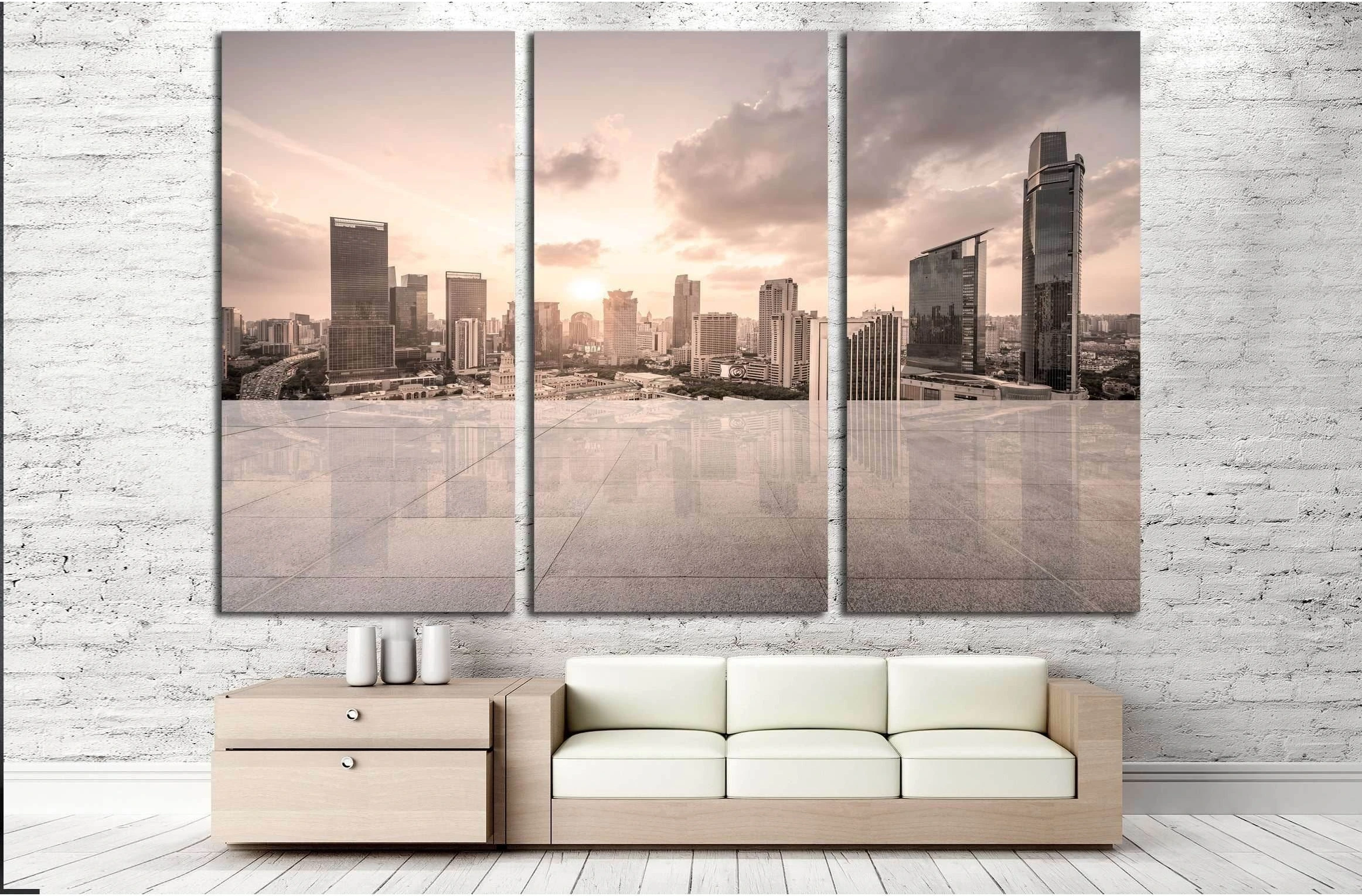 Empty floor with modern skyline and buildings №3001 Ready to Hang Canvas Print - Zellart Canvas Prints ALL_Products, s-3001