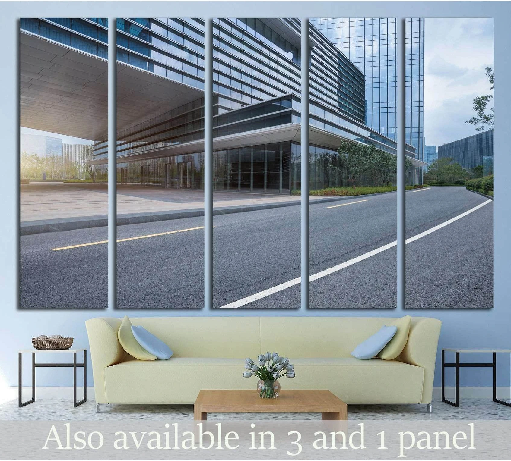Shanghai road canvas print with empty modern street and glass office buildings above a sofa