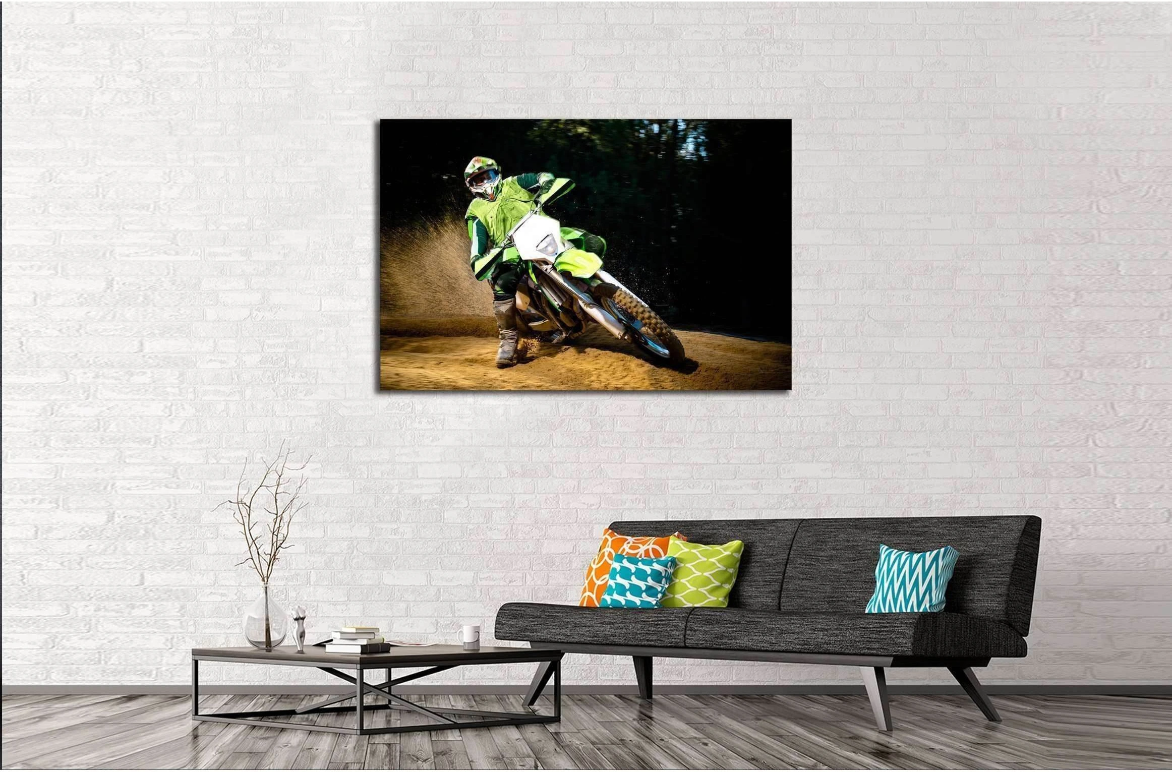 Enduro bike rider on action. Turn on sand terrain. №2477 Ready to Hang Canvas Print - Zellart Canvas Prints ALL_Products, s-2477
