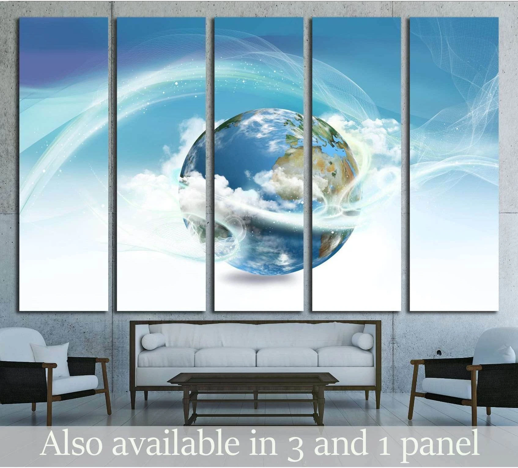 Five-panel earth globe canvas print with clouds and blue energy swirls above a sofa