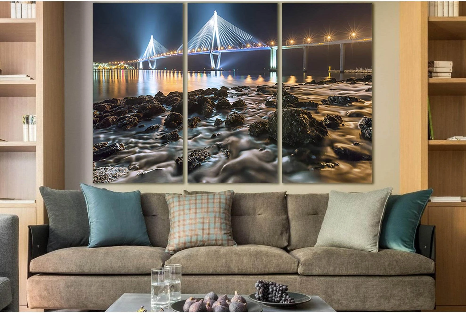 England Coast Bridge At Night №SL1137 Ready to Hang Canvas Print - Zellart Canvas Prints 0new, ALL_Products, Bridges Wall Art