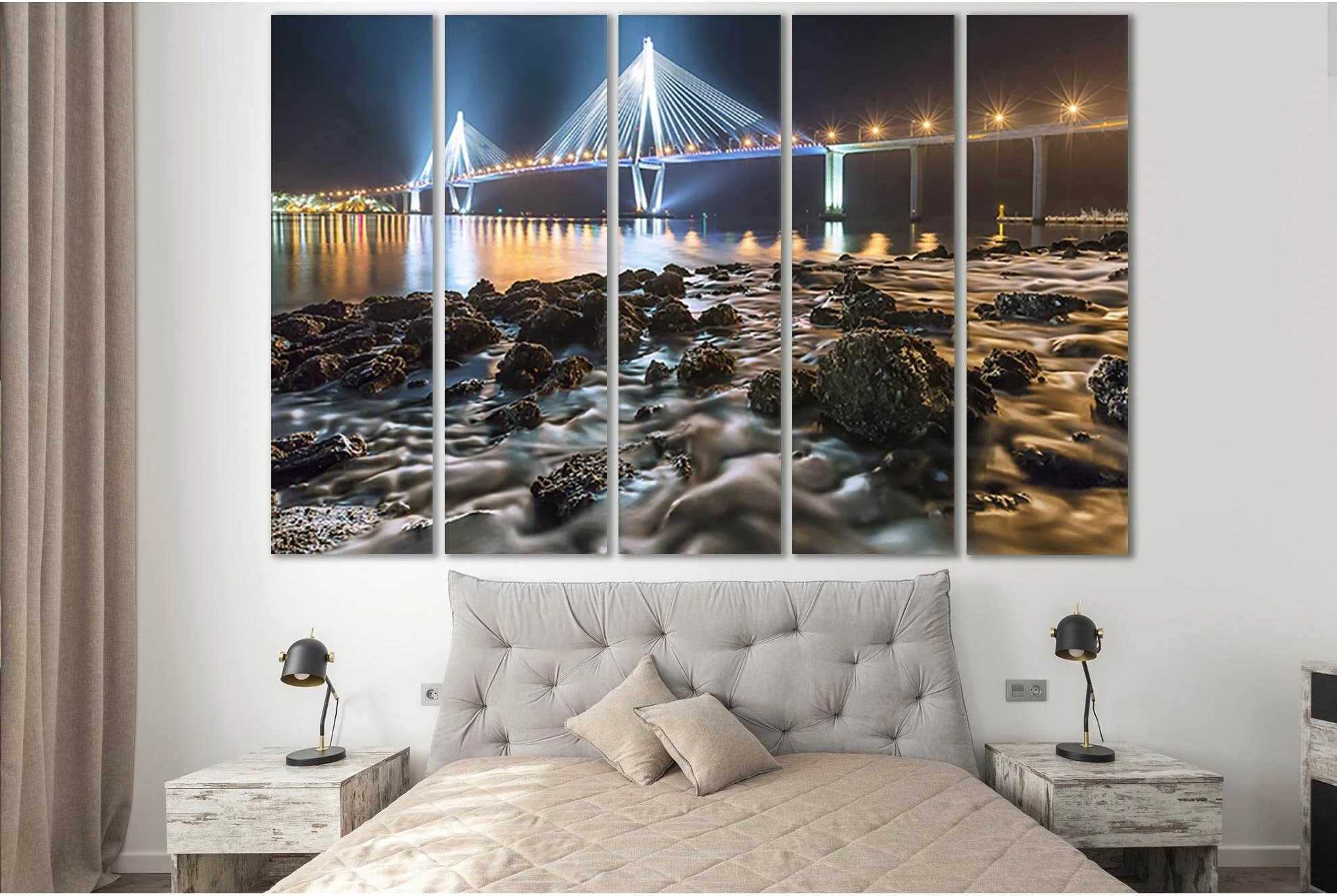 England Coast Bridge At Night №SL1137 Ready to Hang Canvas Print - Zellart Canvas Prints 0new, ALL_Products, Bridges Wall Art
