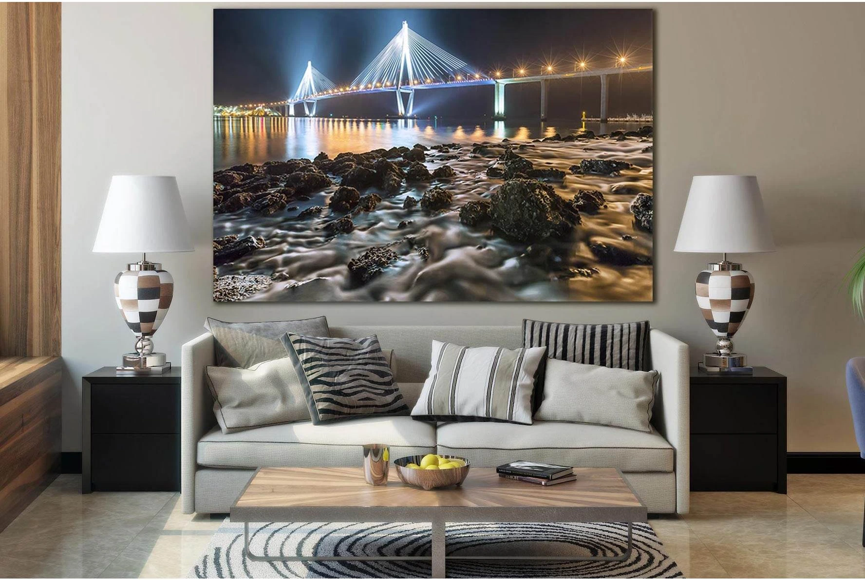 England Coast Bridge At Night №SL1137 Ready to Hang Canvas Print - Zellart Canvas Prints 0new, ALL_Products, Bridges Wall Art