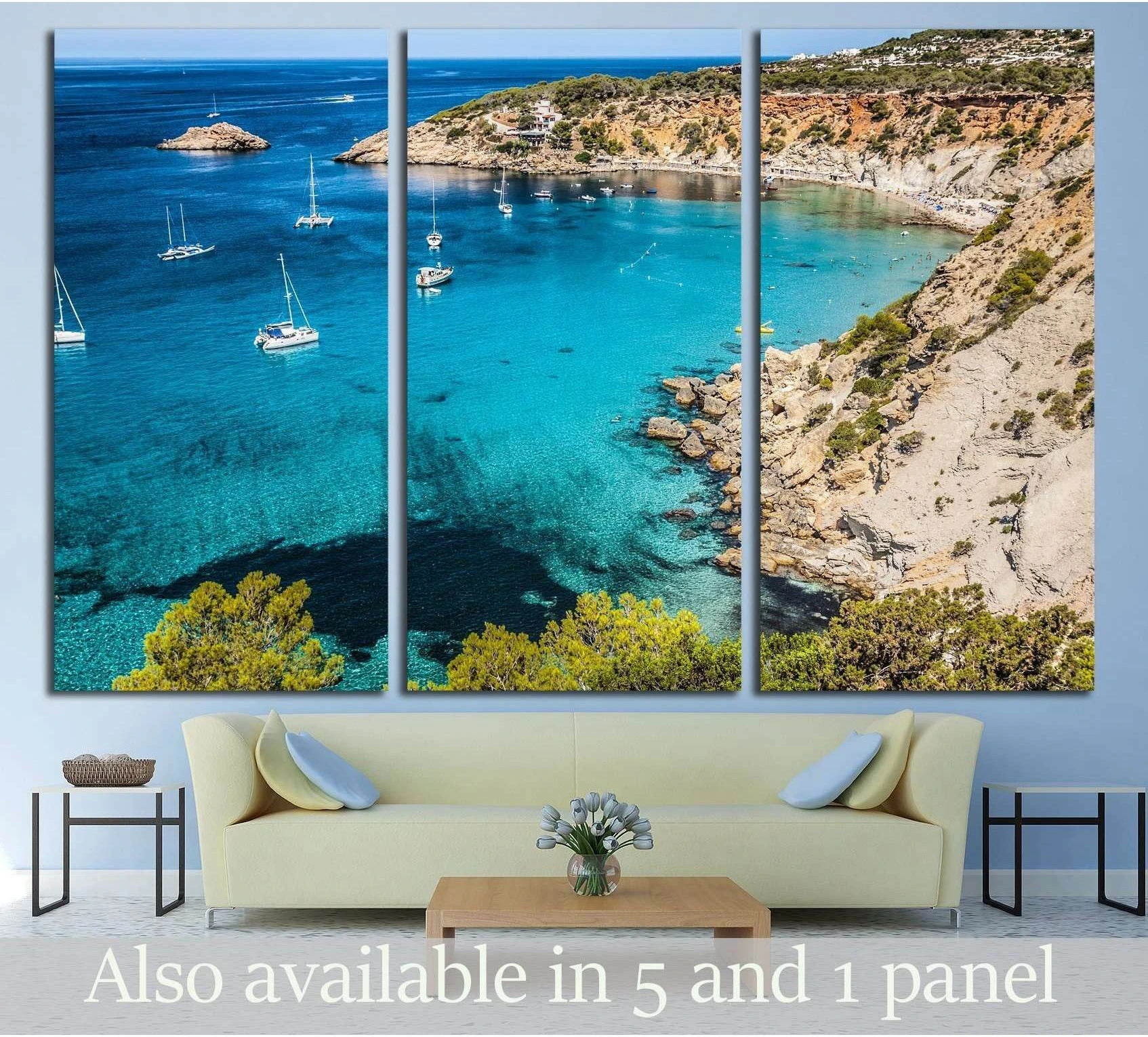 Es vedra island of Ibiza Cala d Hort in Balearic islands showing sea water, shoreline and horizon depth.