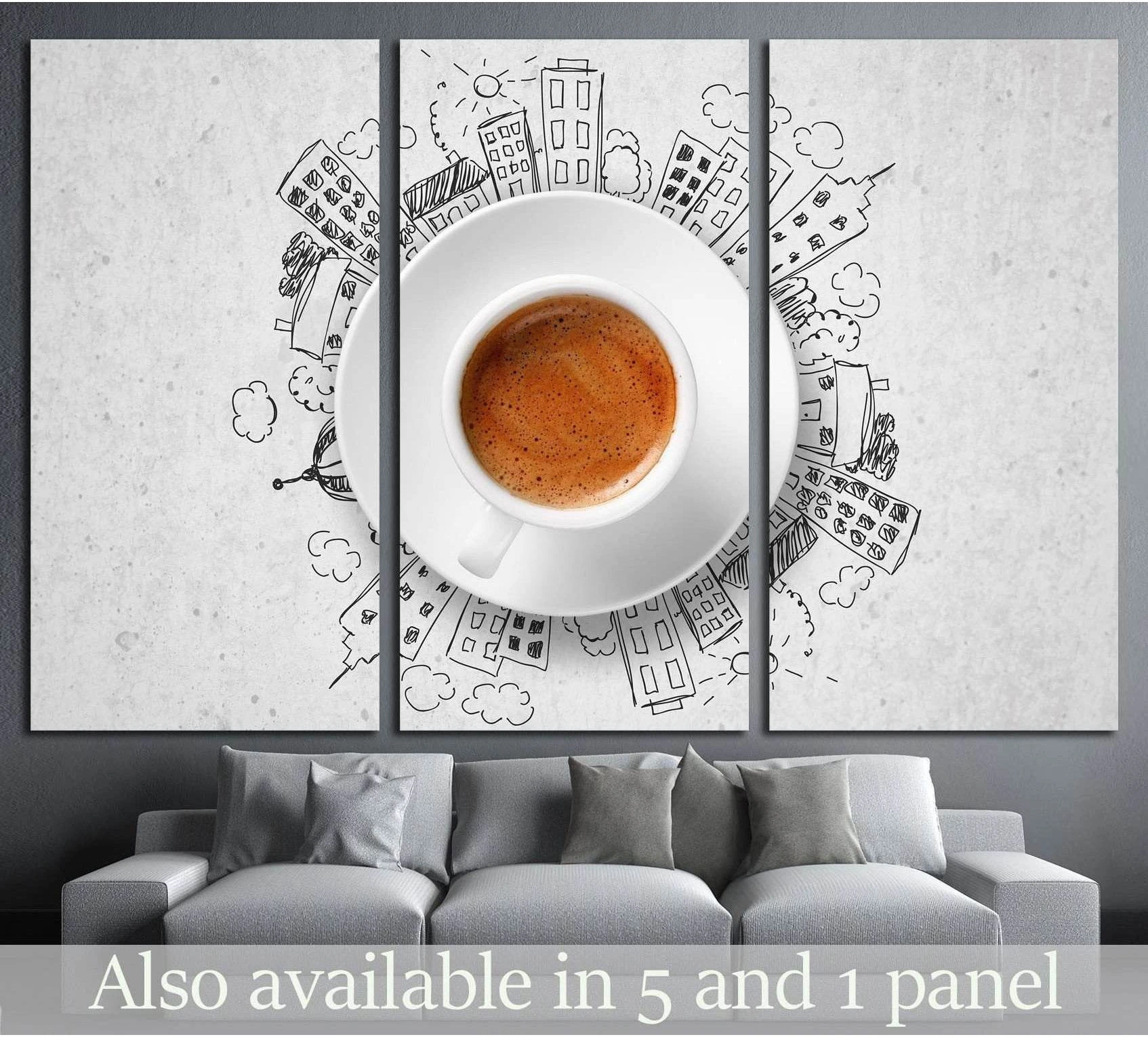 Espresso cup triptych canvas print with hand-drawn city sketch above sofa in a modern living room
