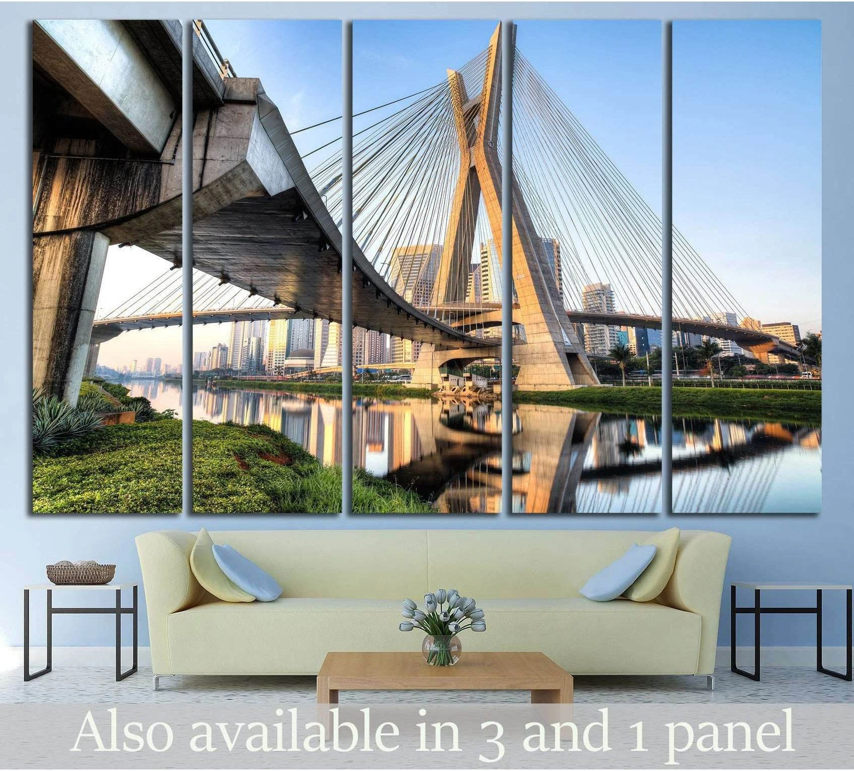 São Paulo Estaiada Bridge canvas print above sofa in a modern living room with skyline and water reflection