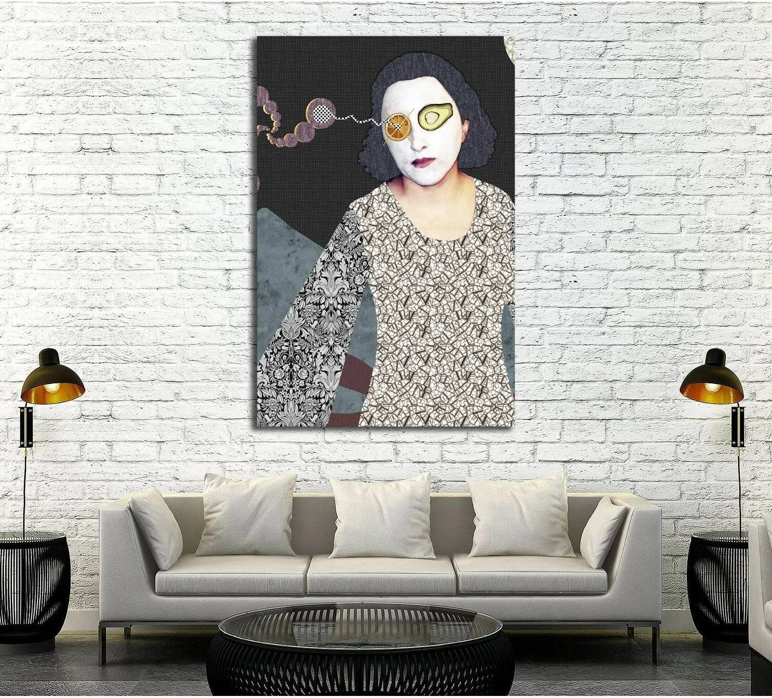 Surreal portrait canvas print with retro woman, avocado and citrus eyes, displayed above a sofa in a modern living room