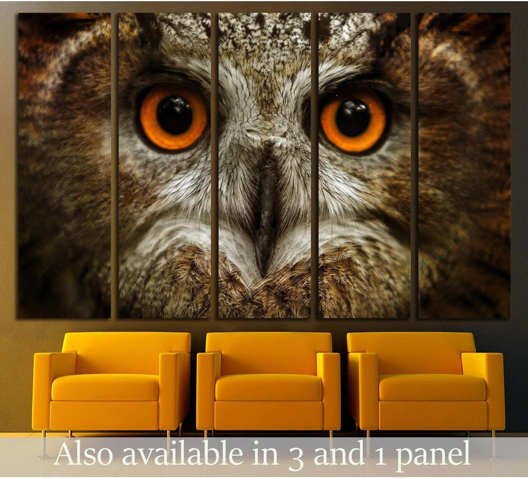 Close-up Eurasian eagle owl canvas print with vivid orange eyes in a five-panel living room display