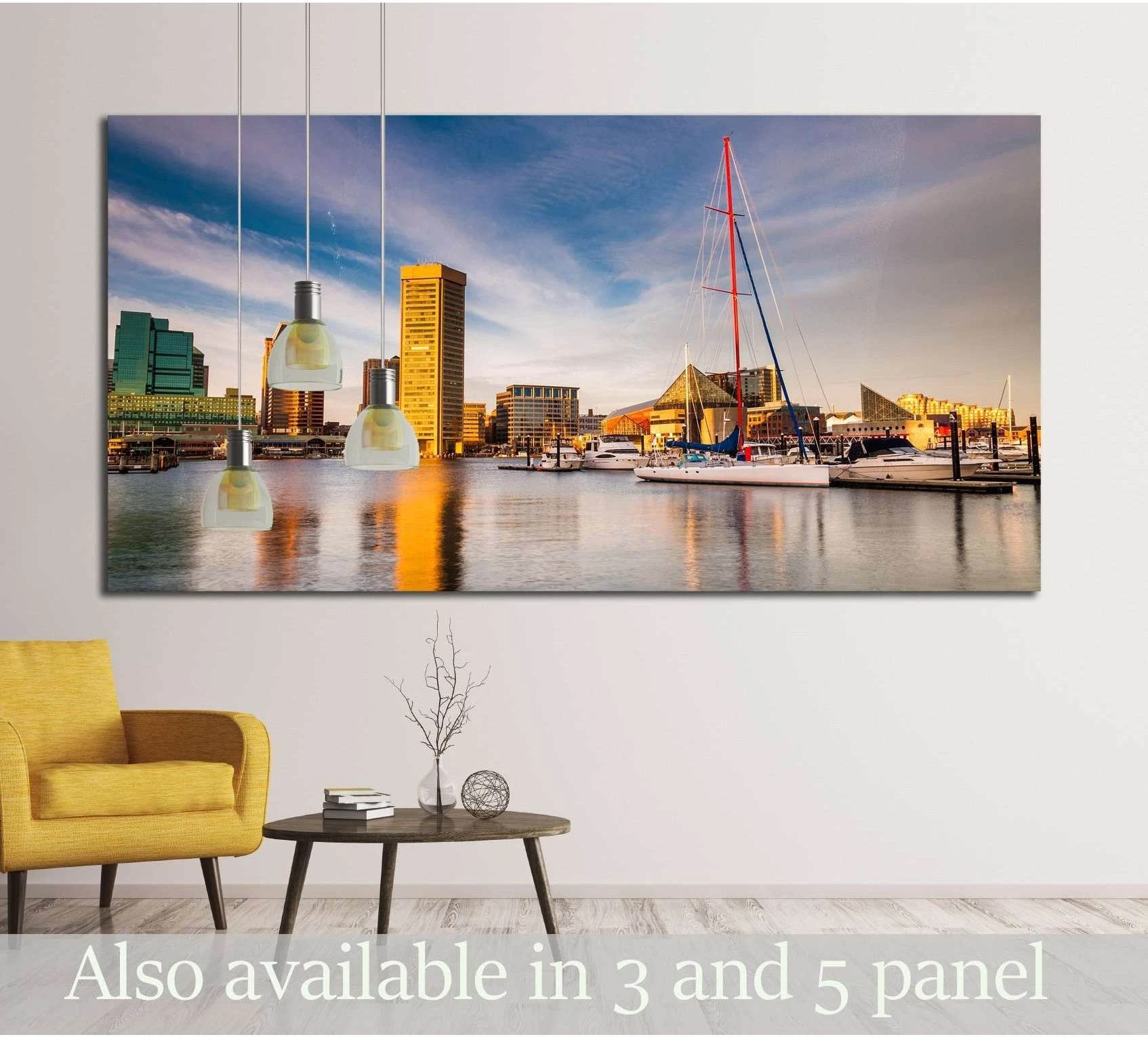 Baltimore Inner Harbor canvas print with sailboats and skyline at golden hour, hung above a sofa in a modern living room