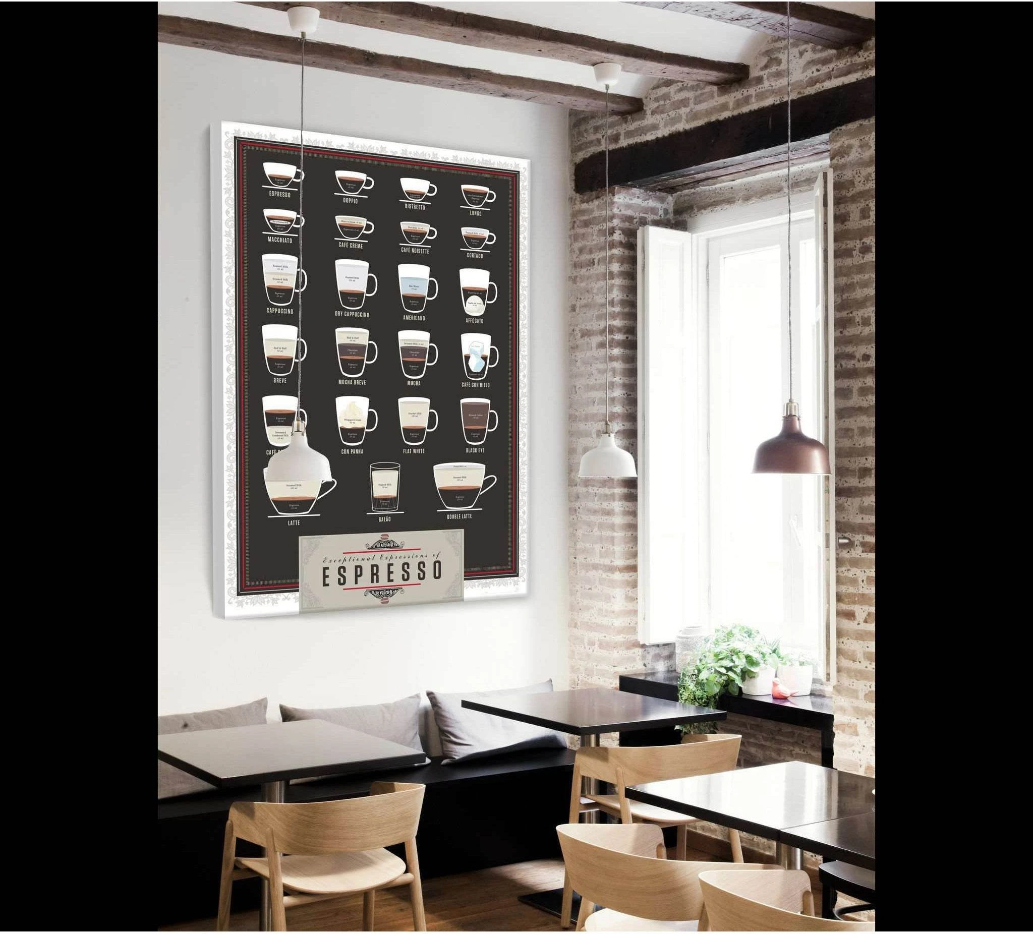 Espresso chart canvas print with illustrated coffee drinks on a black background, displayed in a brick cafe interior