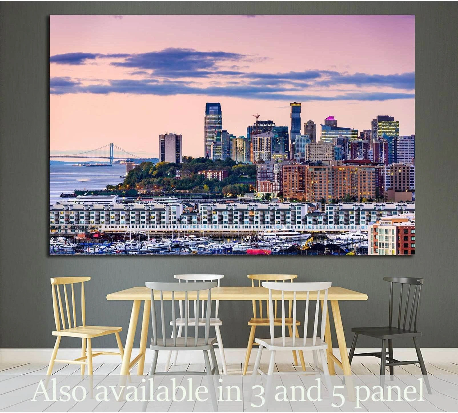 Jersey City skyline canvas print with pink sunset sky above the waterfront, displayed in a modern dining room