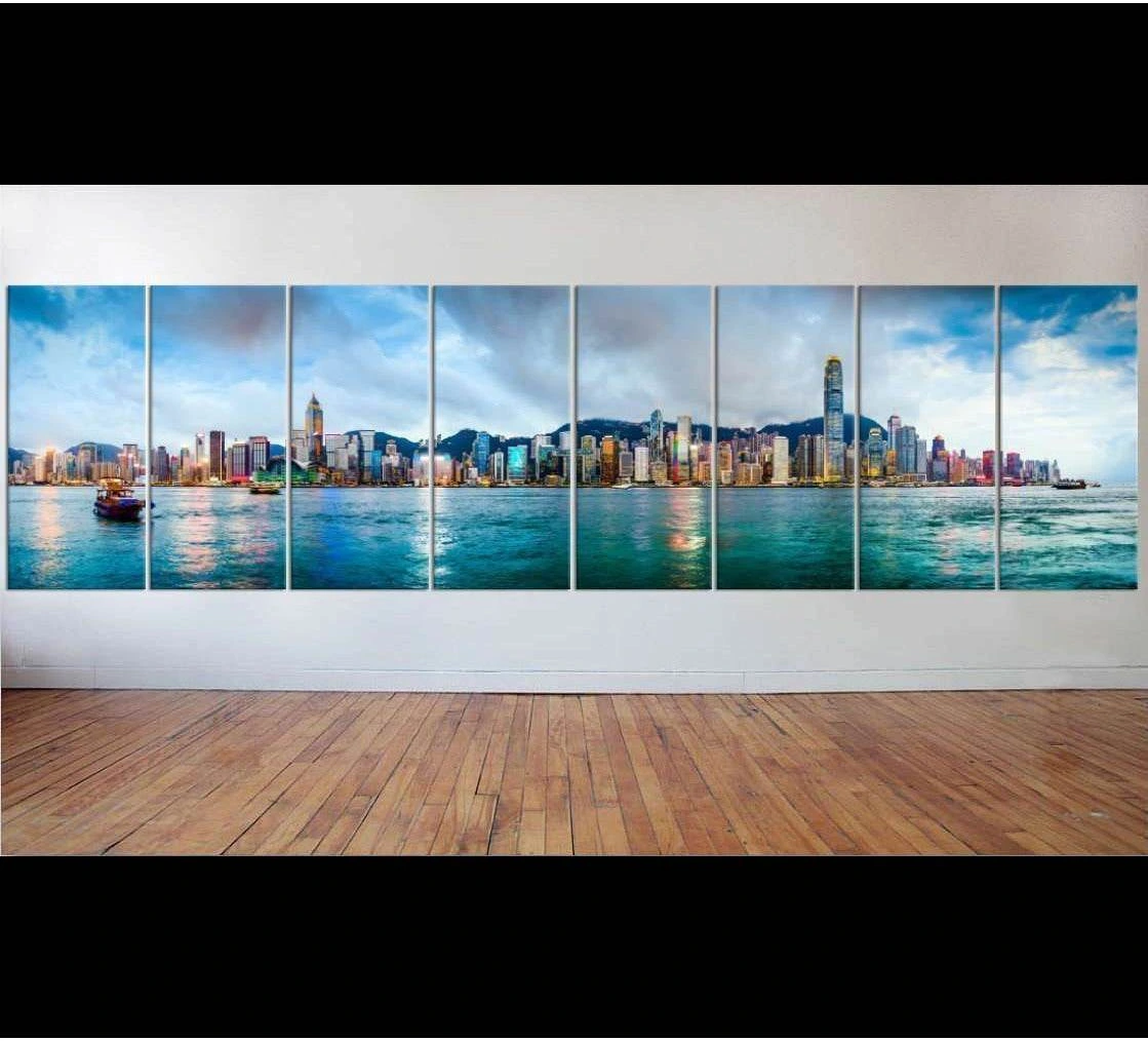 Hong Kong skyline multi-panel canvas print across Victoria Harbour in a modern interior
