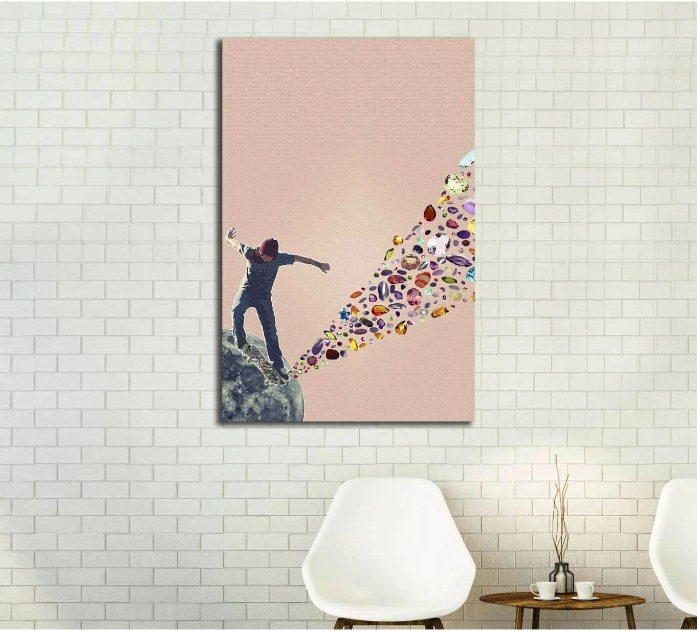 Surreal gemstone canvas print with silhouetted figure and colorful crystal stream on pastel pink