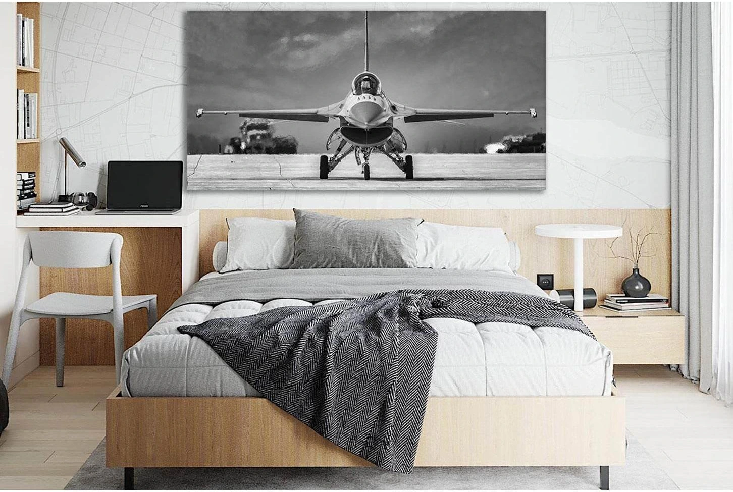 F-16 Fighting Falcon №SL861 Ready to Hang Canvas Print - Zellart Canvas Prints 0new, ALL_Products, Black & White Wall Art
