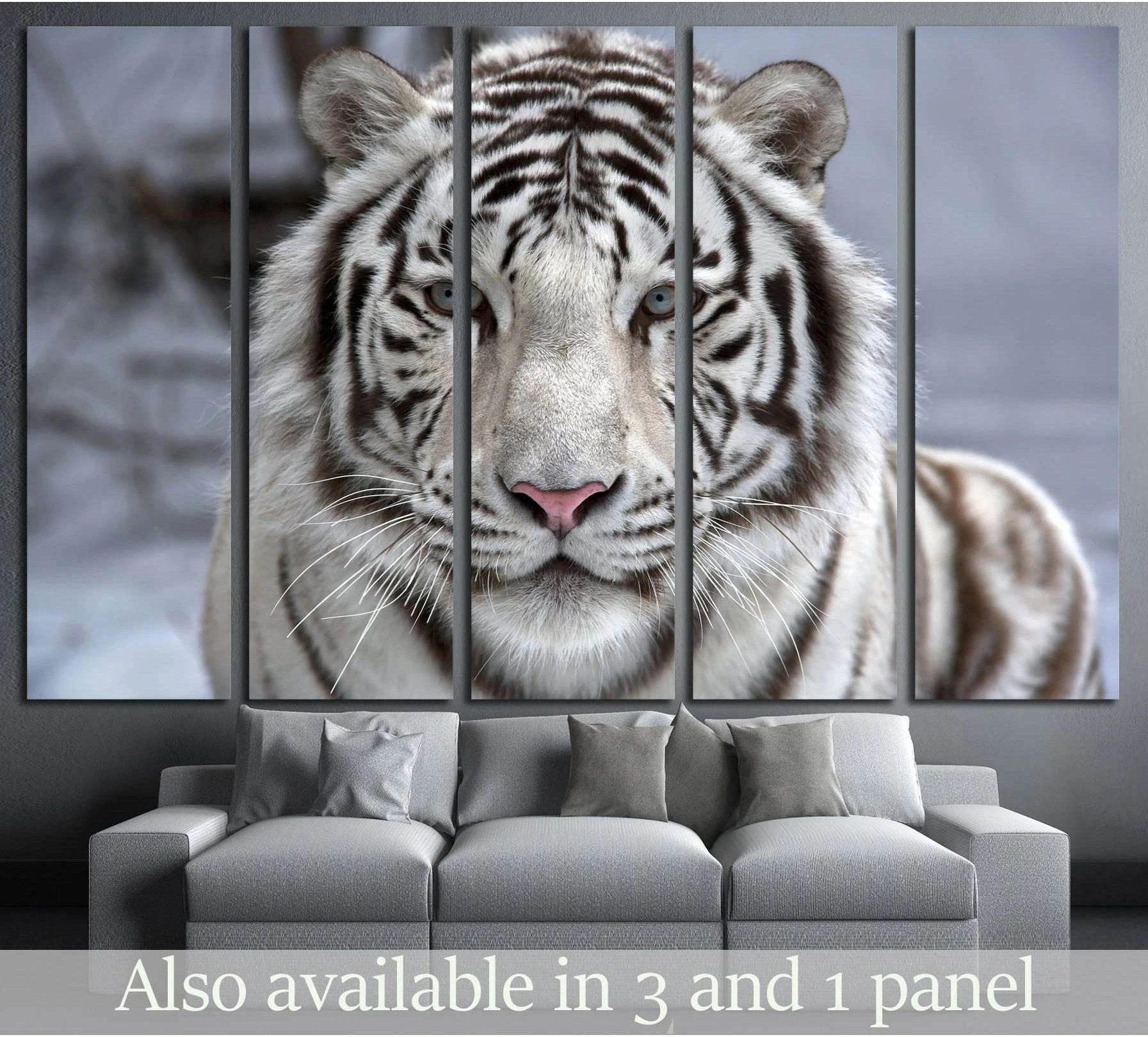 White Bengal tiger canvas print in five-panel layout above sofa with close-up face and icy blue eyes