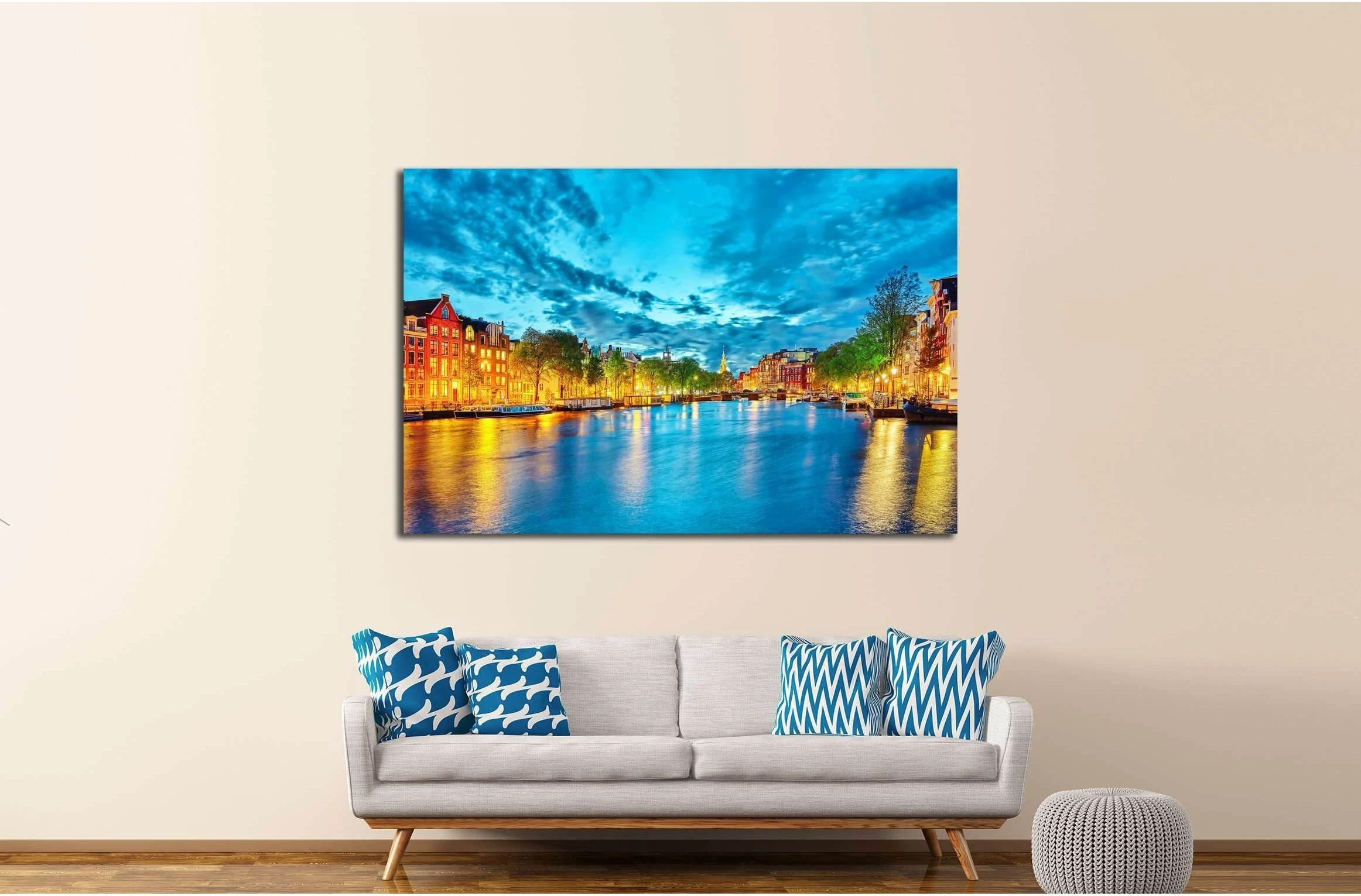 Famous Amstel river and night view of beautiful Amsterdam city. Netherlands №3031 Ready to Hang Canvas Print - Zellart Canvas Prints ALL_Products, s-3031