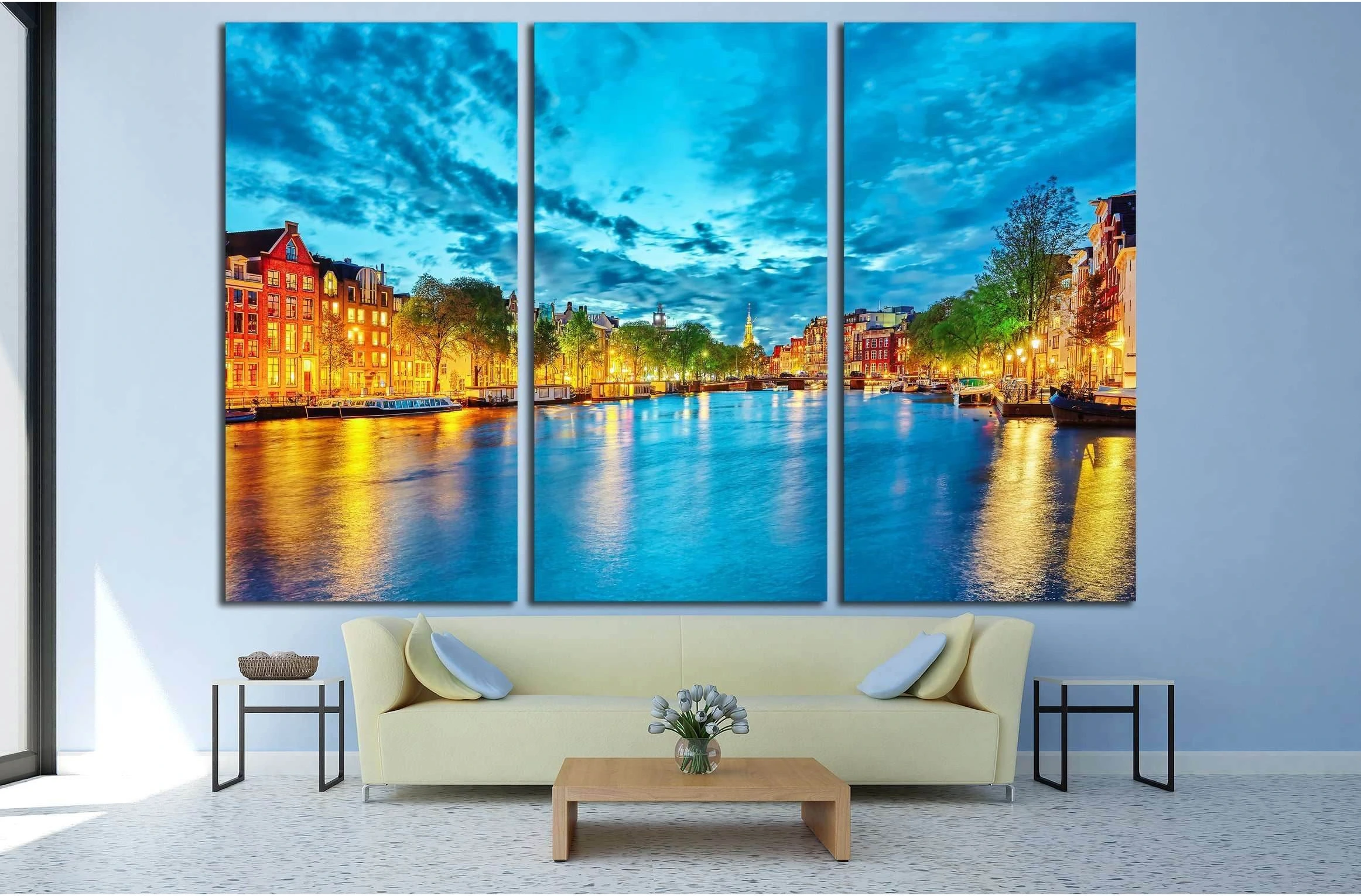 Famous Amstel river and night view of beautiful Amsterdam city. Netherlands №3031 Ready to Hang Canvas Print - Zellart Canvas Prints ALL_Products, s-3031