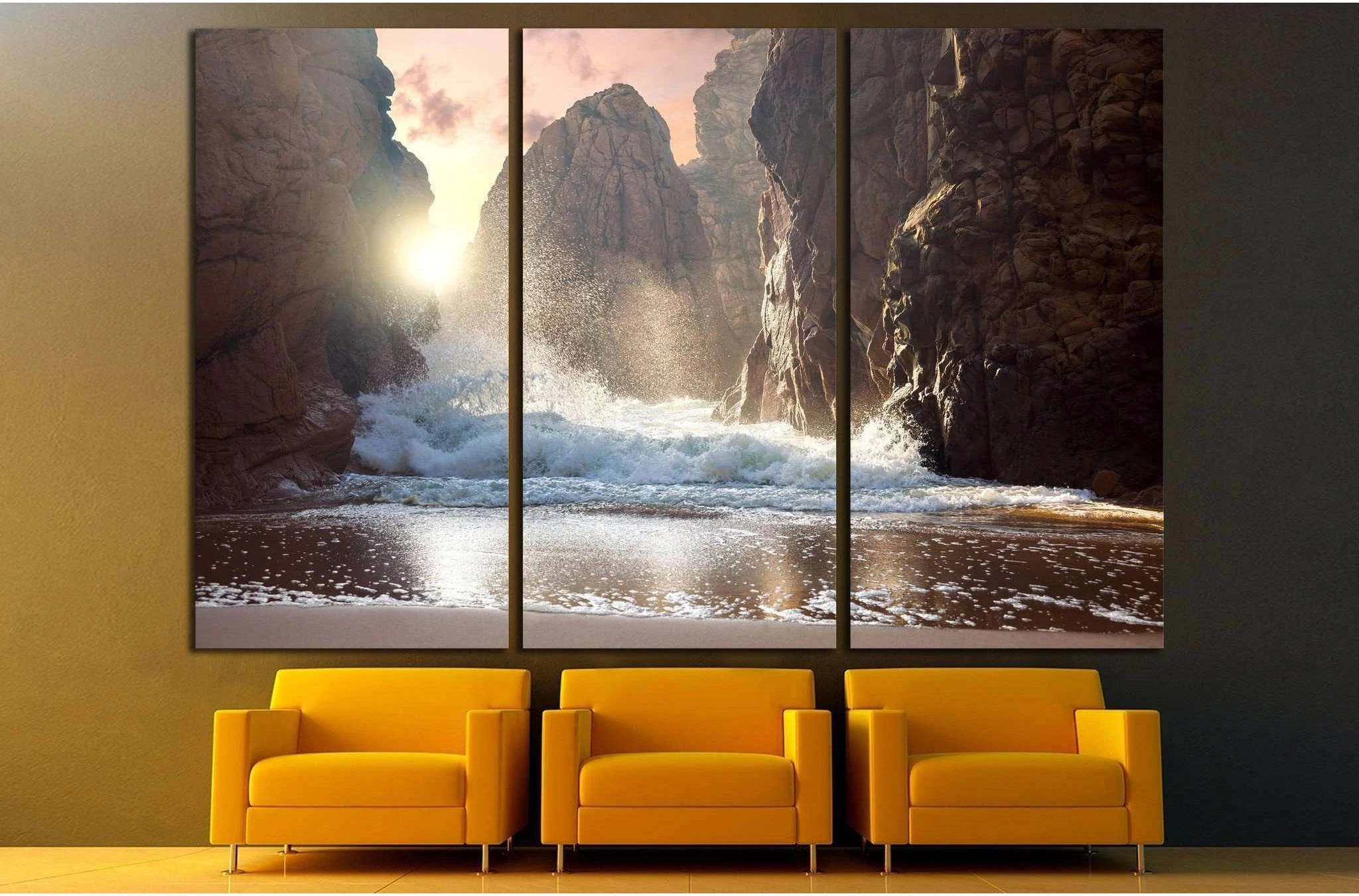 Fantastic big rocks and ocean waves at sundown time №1400 Ready to Hang Canvas Print - Zellart Canvas Prints ALL_Products, s-1400
