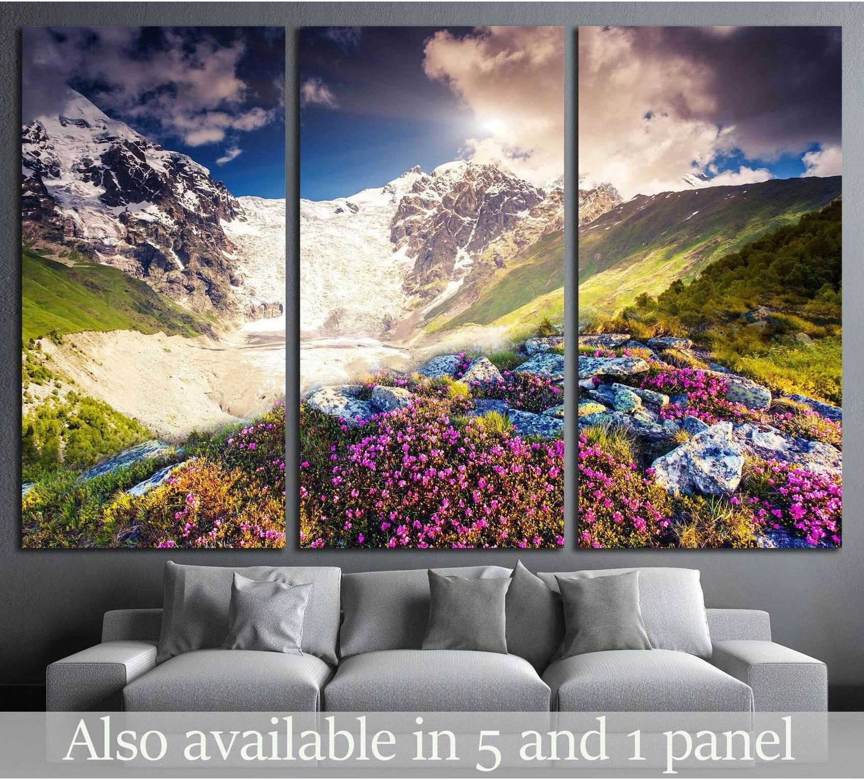 Tetnuldi mountain canvas print with glacier valley and pink rhododendrons above a sofa