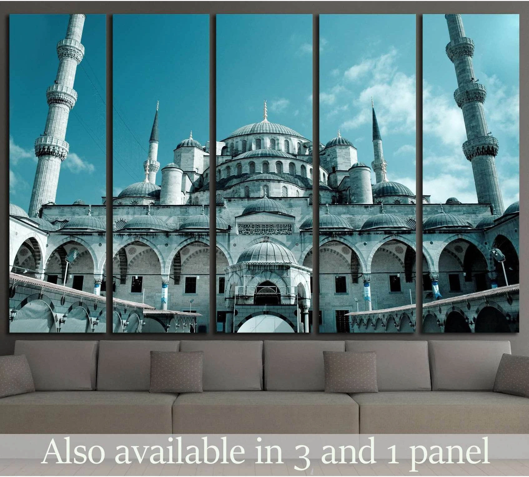 Blue Mosque canvas print in Istanbul displayed as multi-panel wall art above a sofa