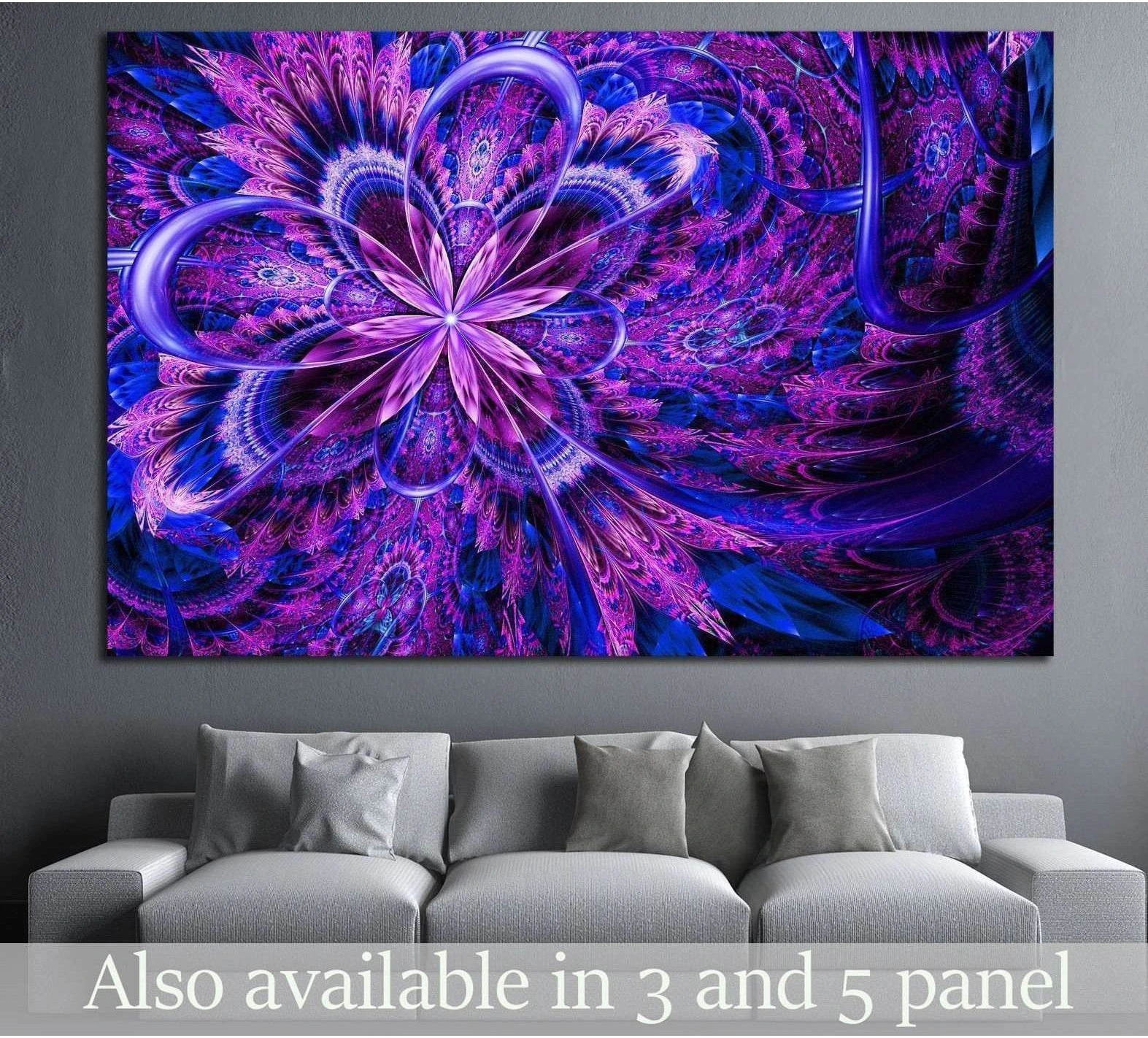 Purple fractal flower canvas print with glowing blue and magenta mandala above a gray sofa
