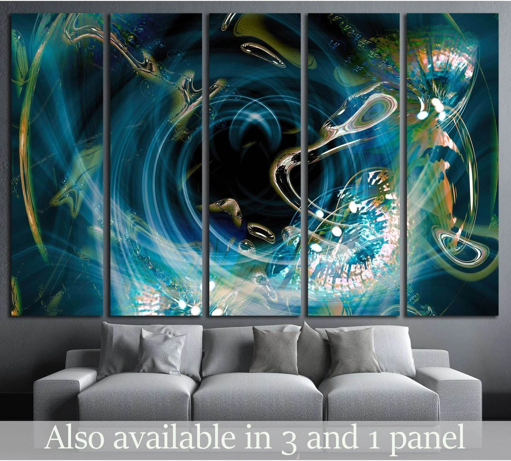 Teal vortex abstract canvas print with ocean blue swirls and soft gold accents above a gray sofa