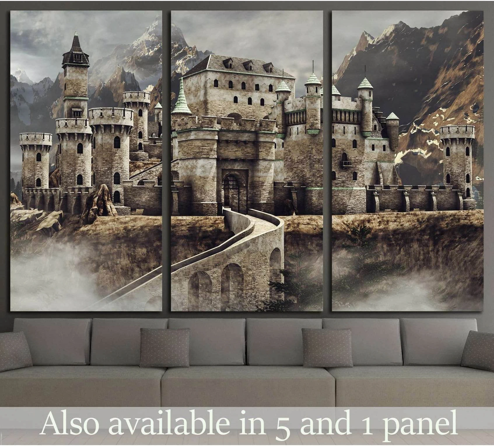 Fantasy stone castle canvas print with arched bridge and misty mountains in triptych format
