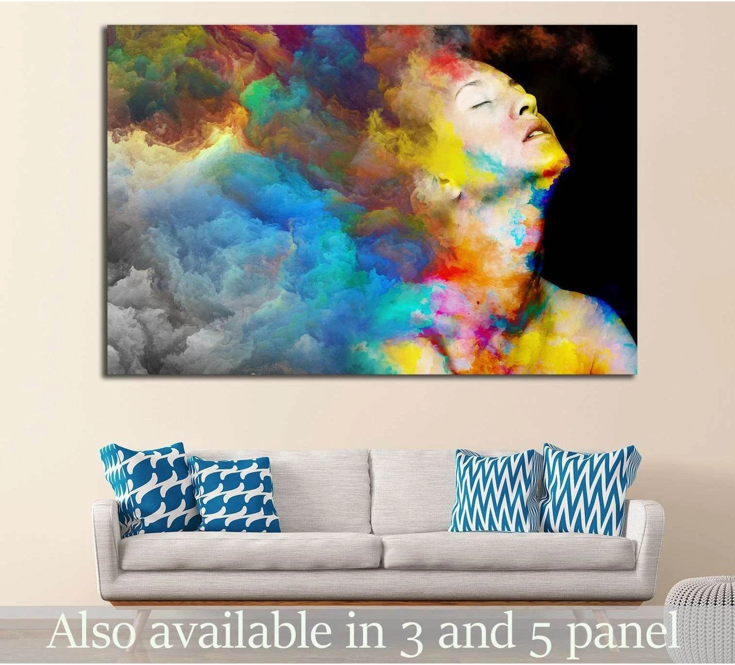 Colorful female portrait canvas print with abstract cloud-like paint effects above sofa in modern living room