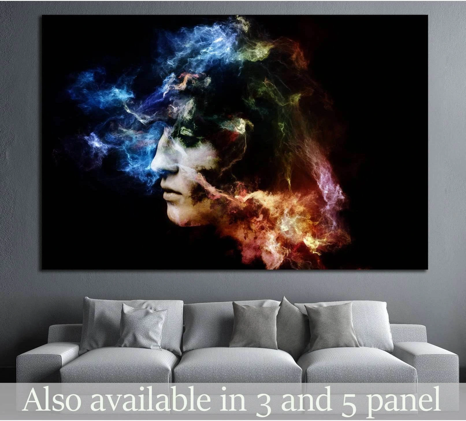 Cosmic female portrait canvas print with colorful nebula textures on black background