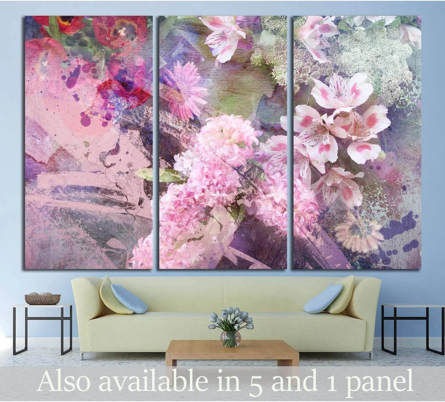 Pink floral triptych canvas print with vintage paper texture above a sofa in a soft modern living room