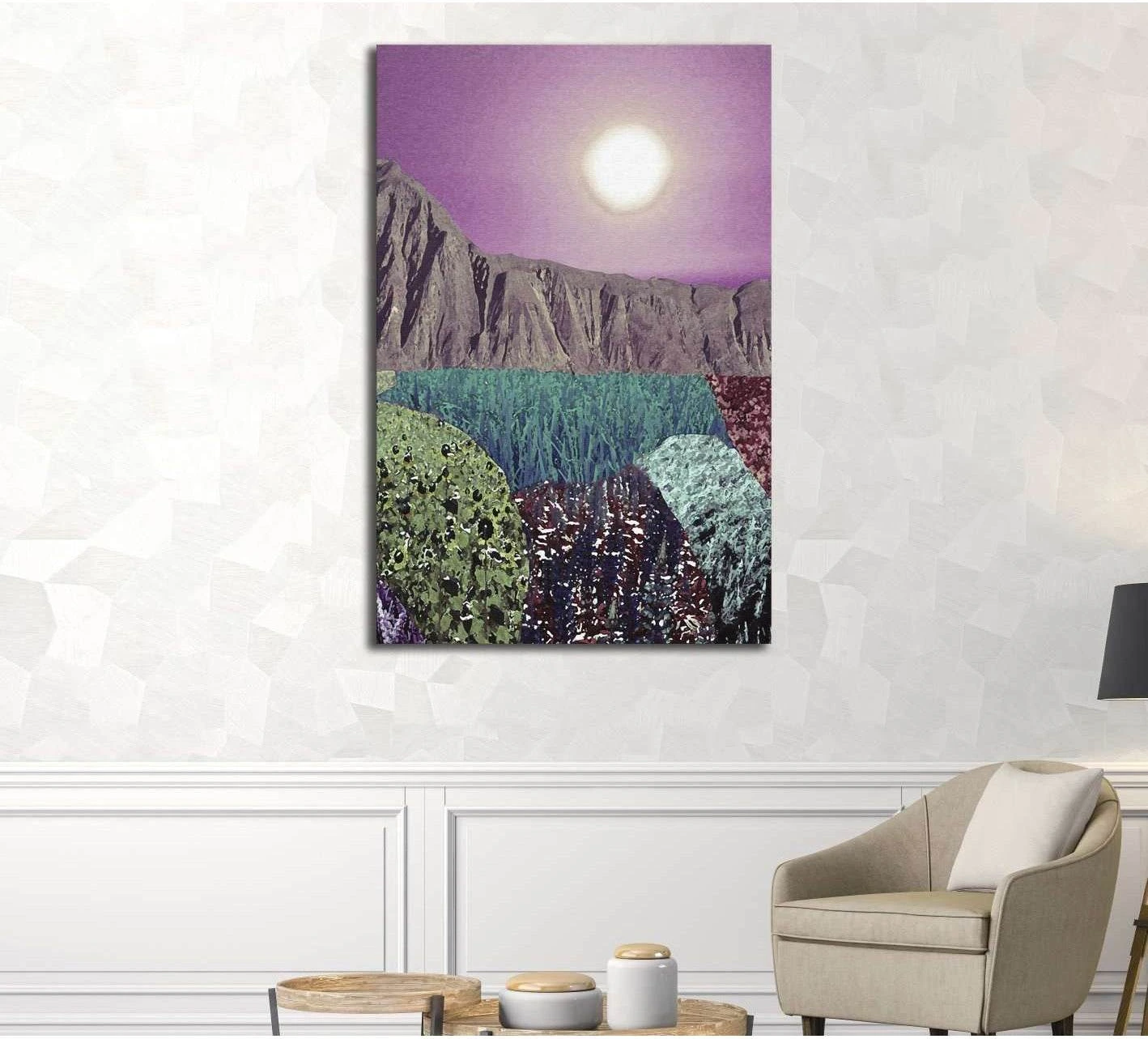 Surreal landscape canvas print with purple sky, glowing moon, rocky hills, and layered meadow fields