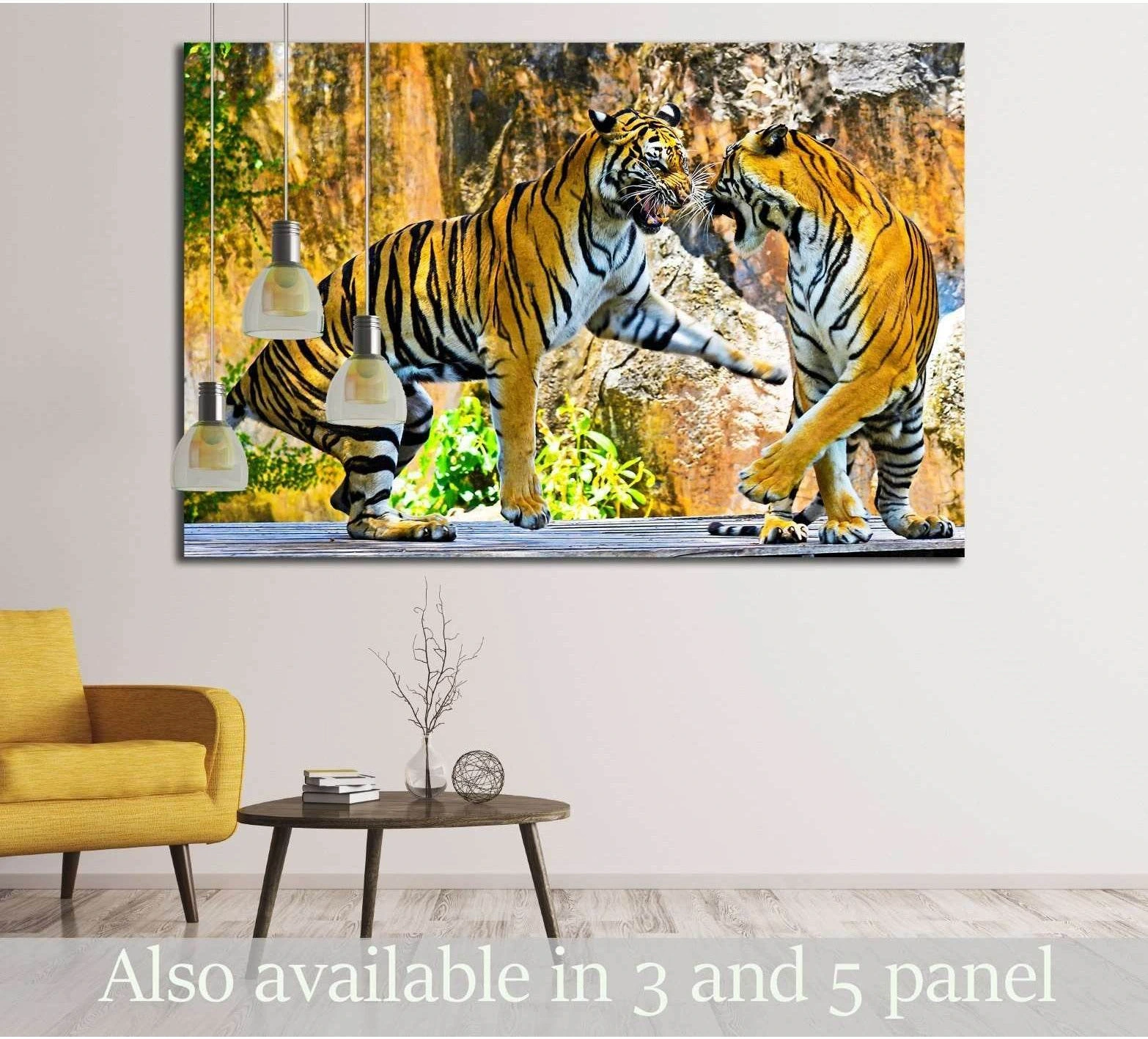 Fighting tigers canvas print with two striped tigers in a warm wildlife scene above a sofa