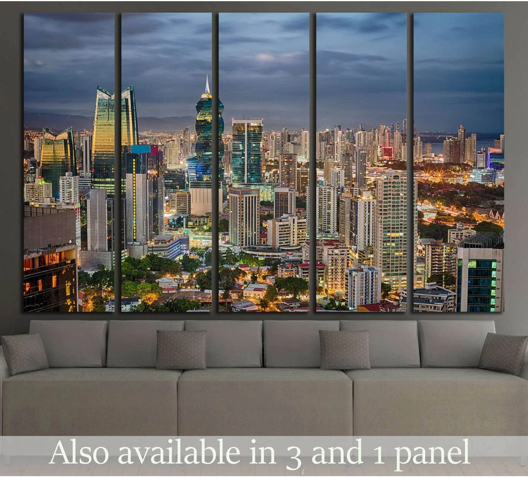 Panama City skyline canvas print above sofa with illuminated financial district at dusk