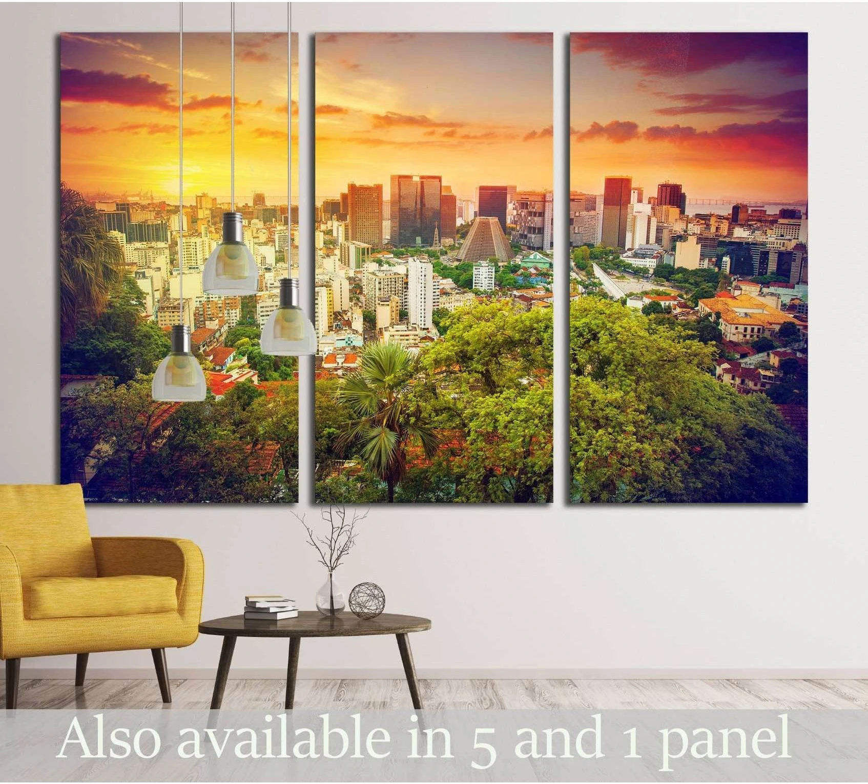 Rio de Janeiro skyline triptych canvas print at sunset above a sofa in a modern living room