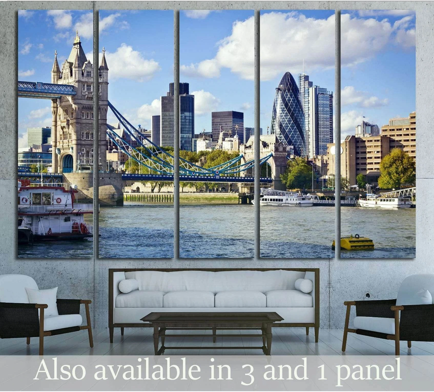 London Tower Bridge canvas print with Thames skyline hung above sofa in modern living room