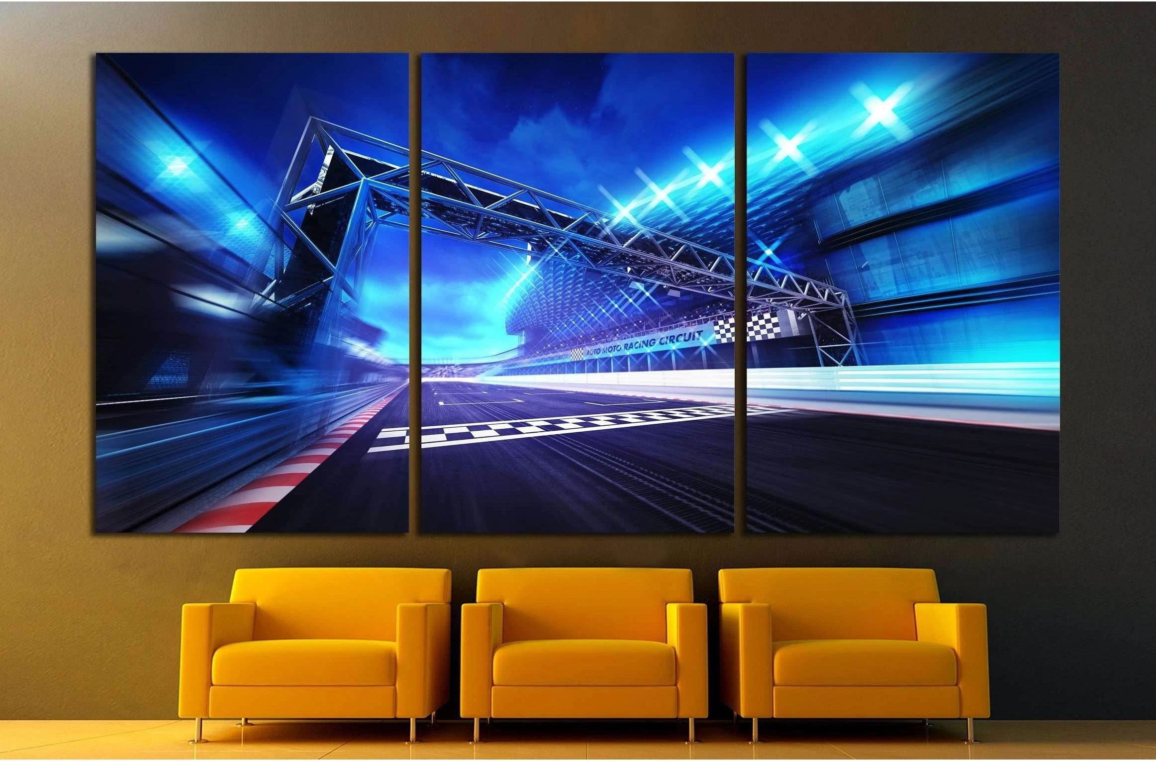 finish gate on racetrack stadium and spotlights in motion blur №3285 Ready to Hang Canvas Print - Zellart Canvas Prints ALL_Products, s-3285