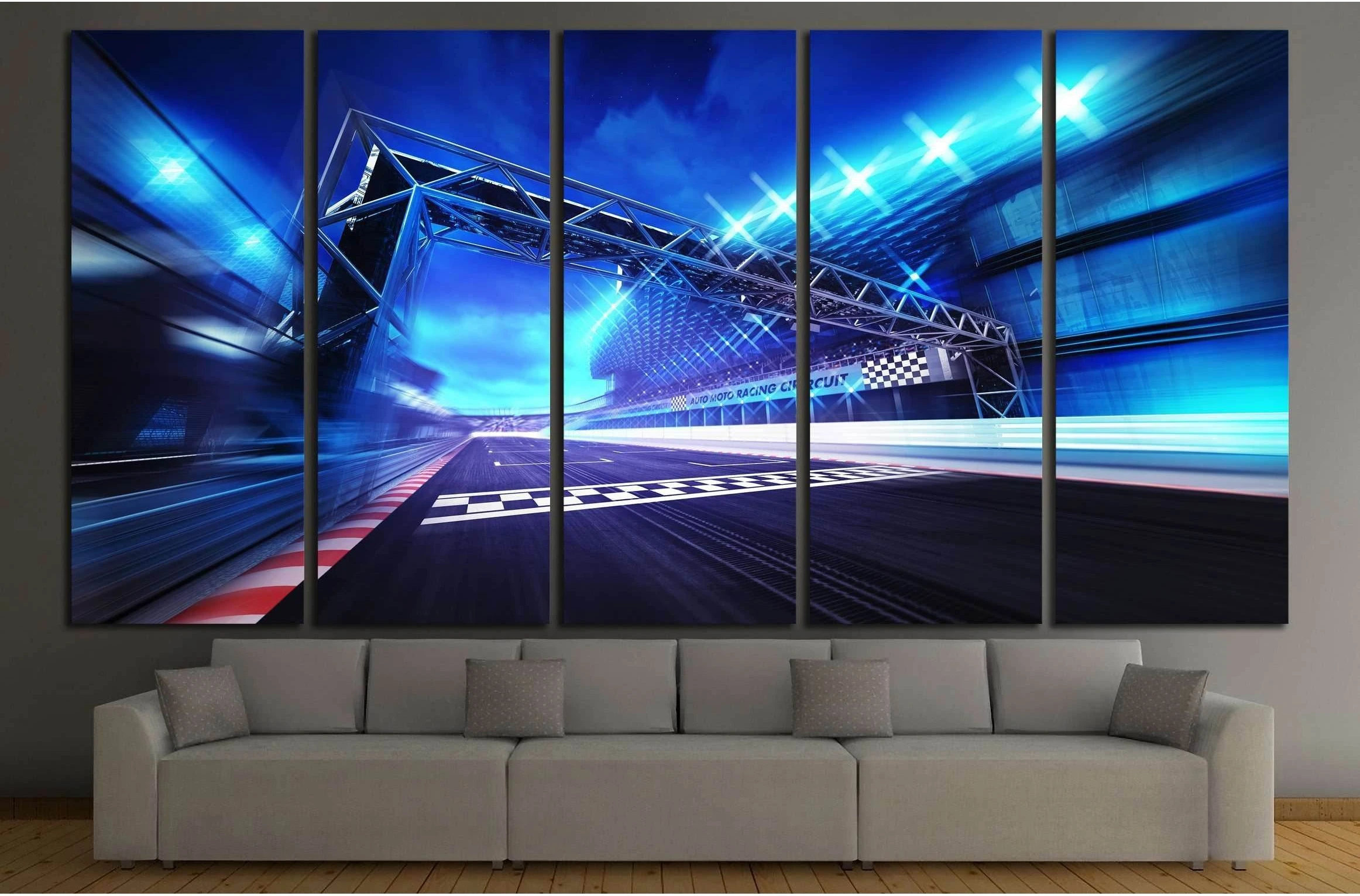 finish gate on racetrack stadium and spotlights in motion blur №3285 Ready to Hang Canvas Print - Zellart Canvas Prints ALL_Products, s-3285