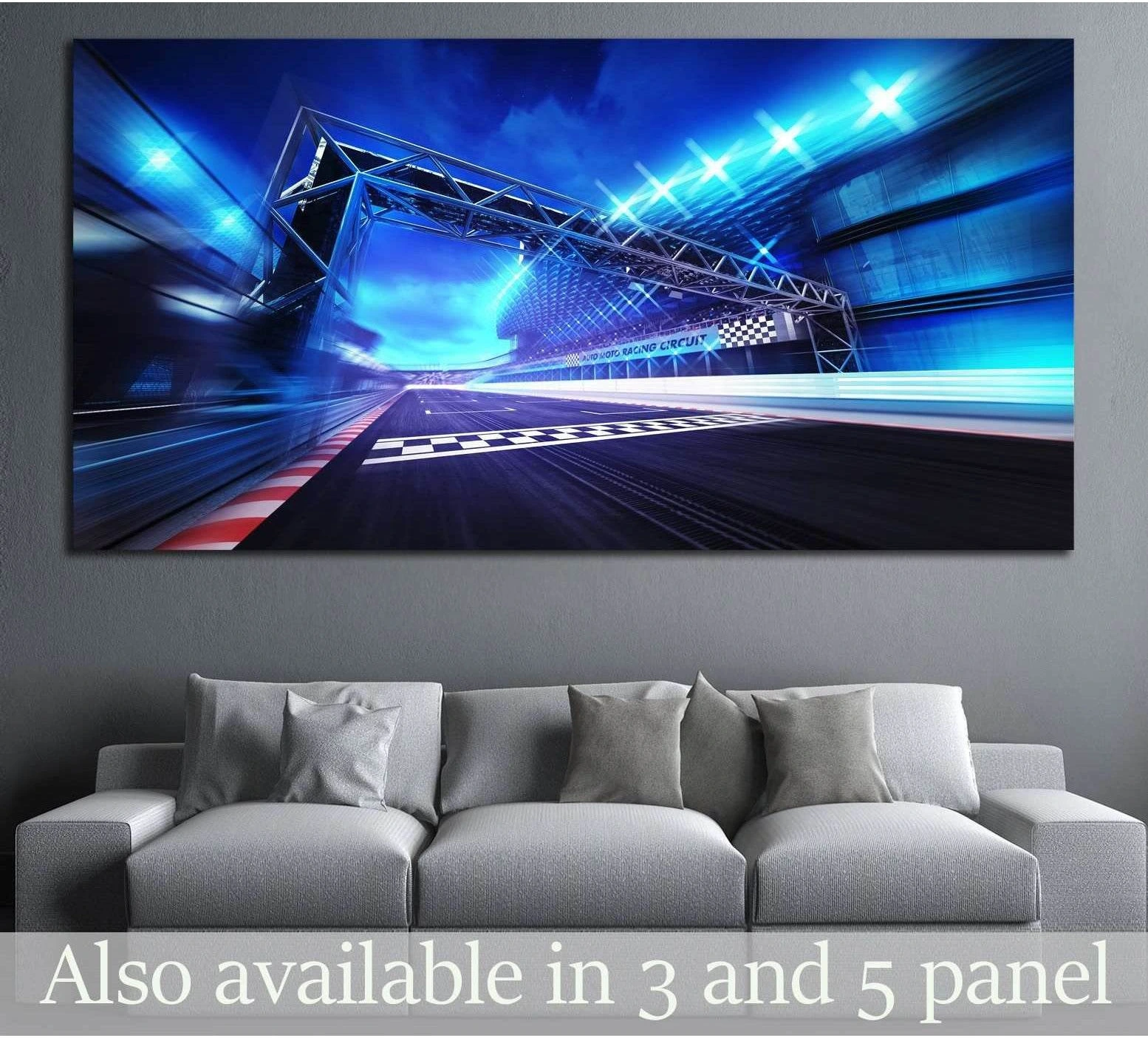 Blue racetrack finish line canvas print with stadium lights above a sofa in a modern living room