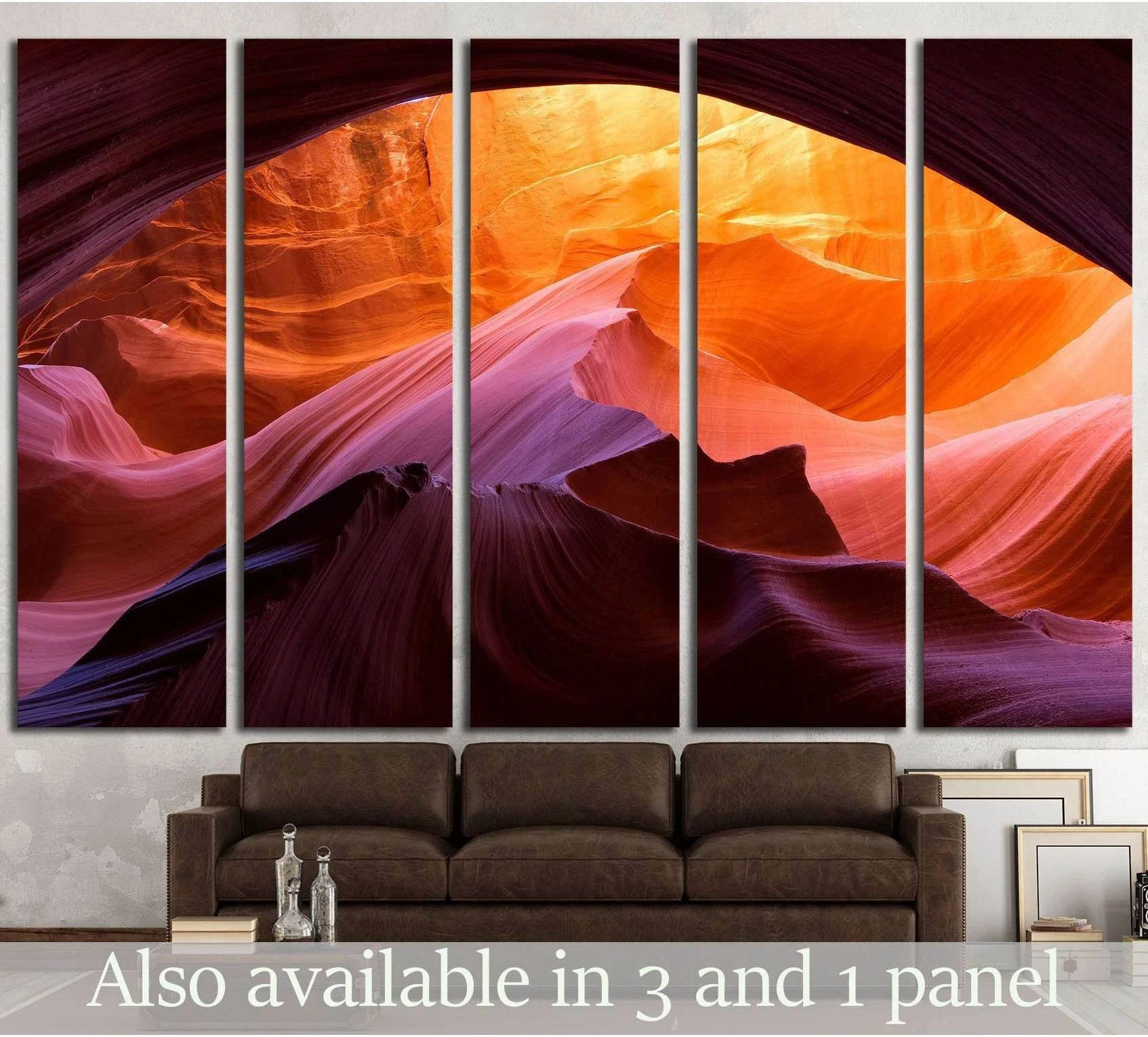 Five-panel slot canyon canvas print with glowing orange sandstone curves above a sofa in a modern living room