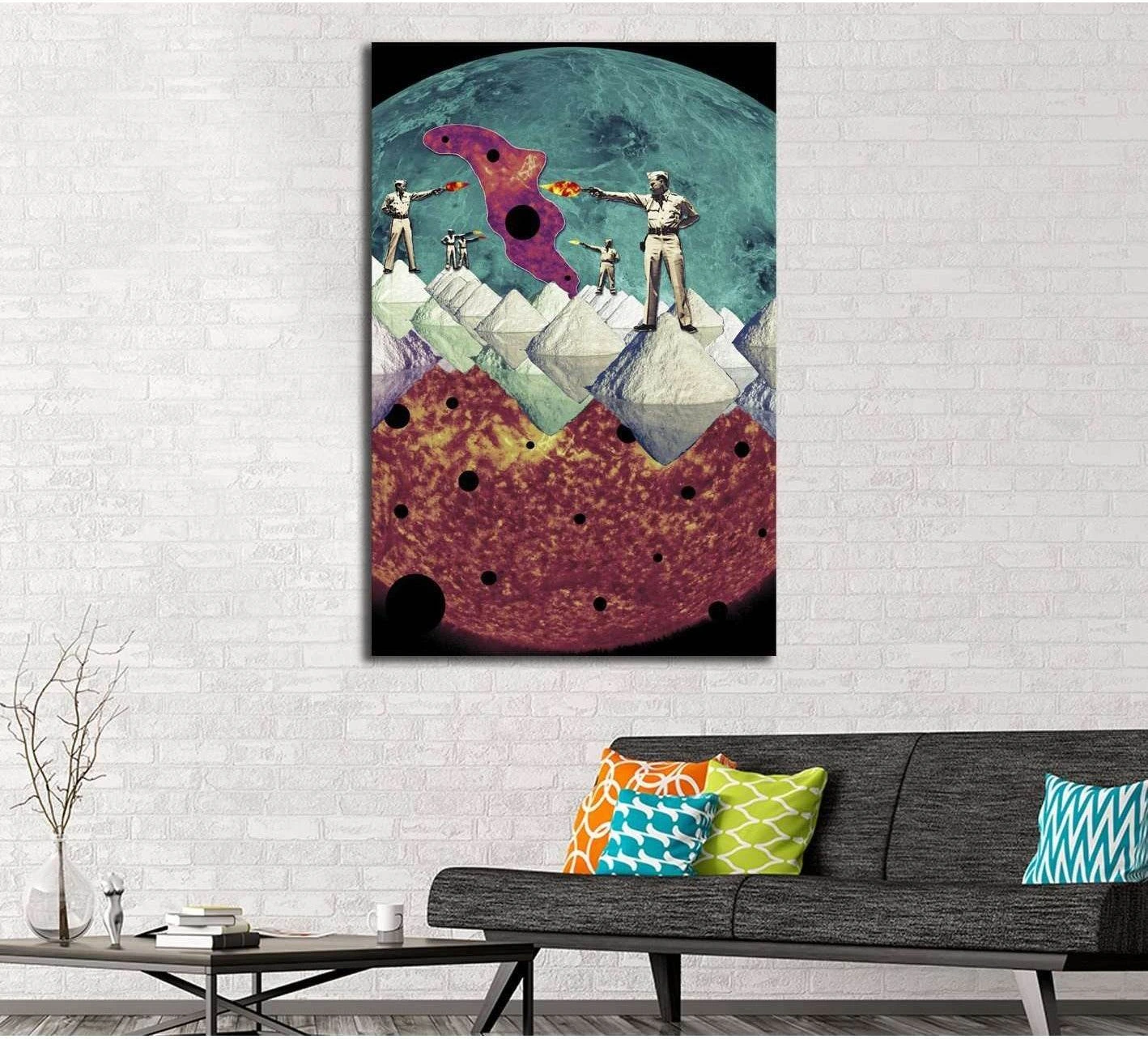 Surreal space collage canvas print with teal moon and red planet, displayed above a sofa in a modern living room