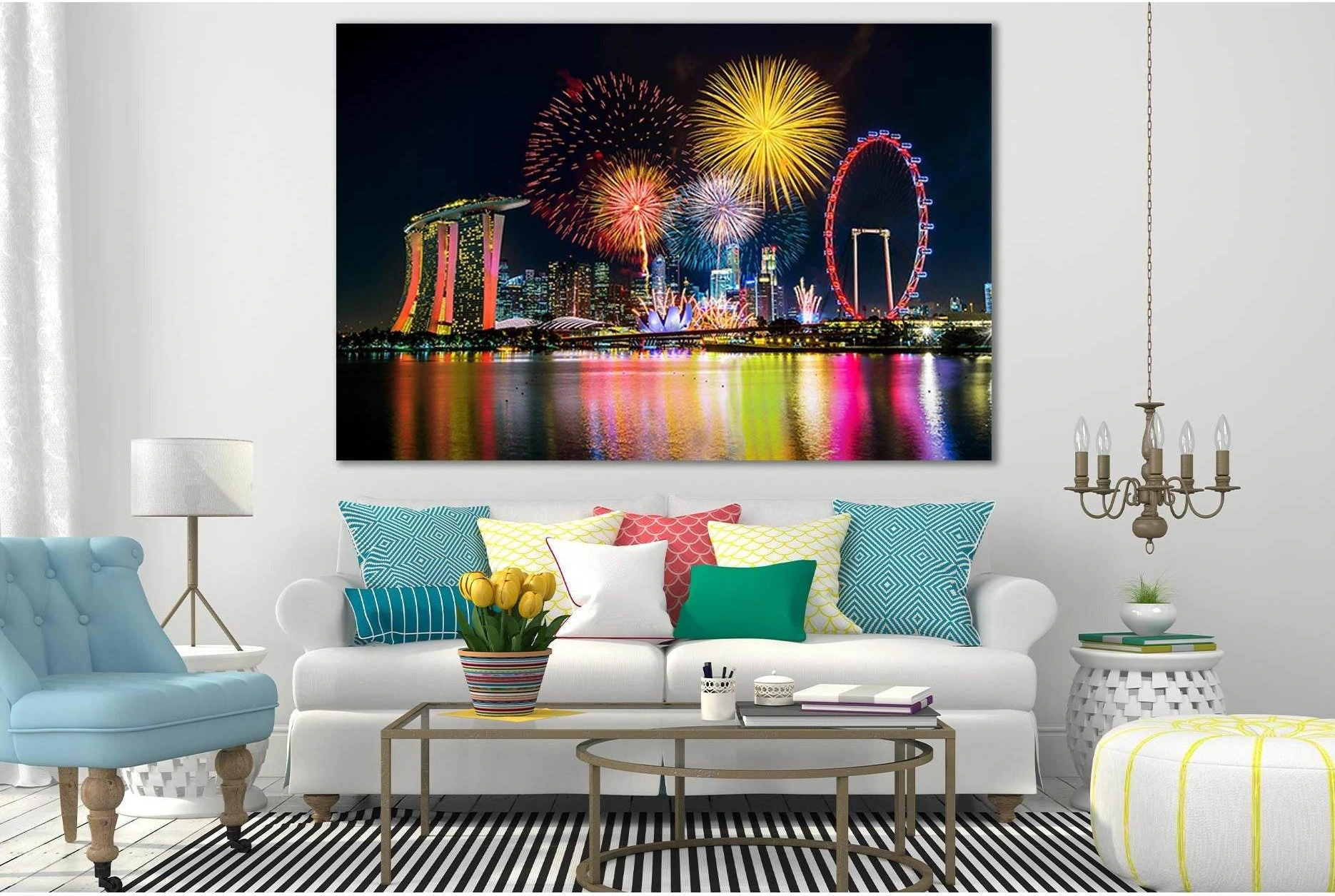 Fireworks In Singapore №SL370 Ready to Hang Canvas Print - Zellart Canvas Prints 0new, ALL_Products, Cityscapes & Skylines