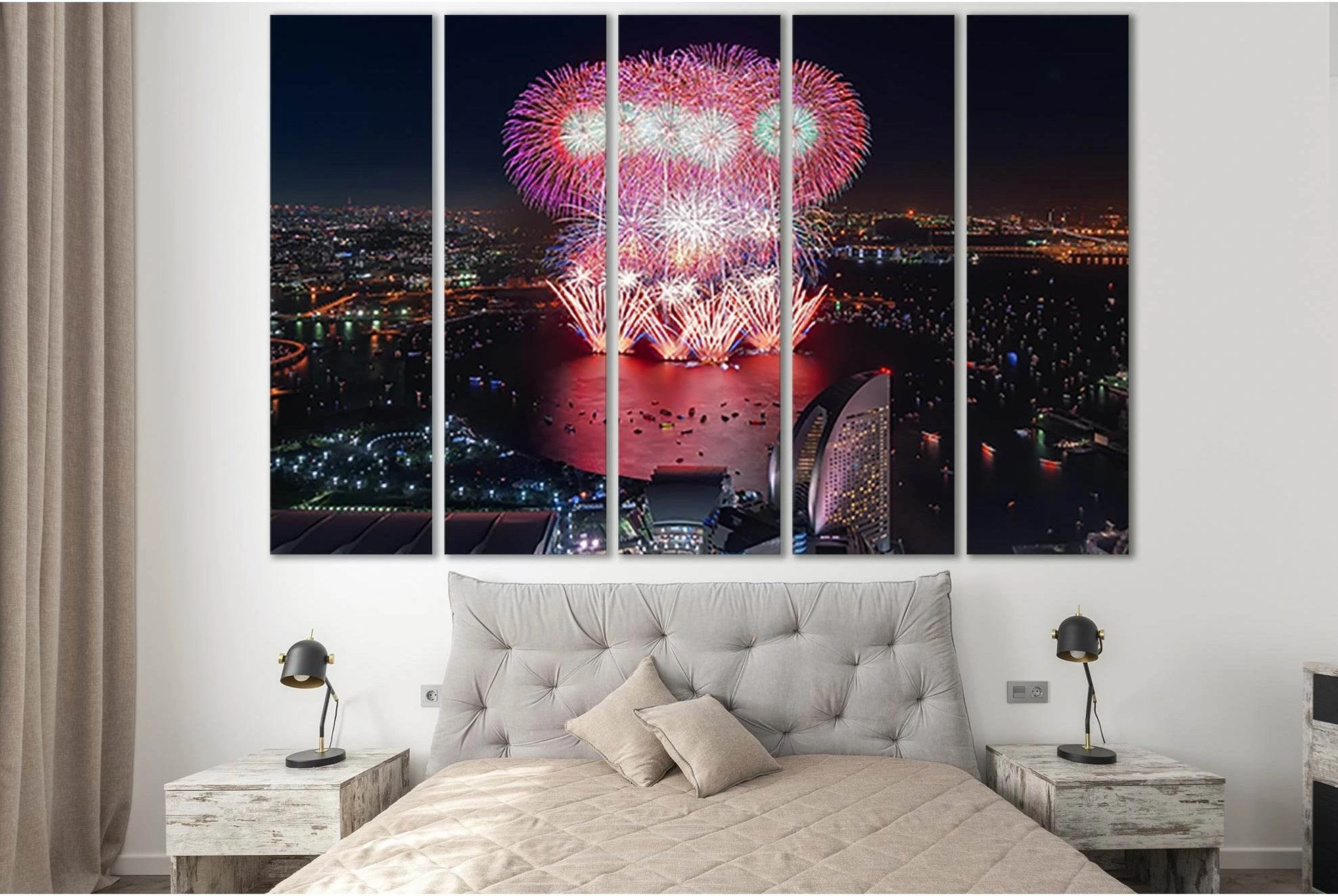 Fireworks In Yokohama Japan №SL1463 Ready to Hang Canvas Print - Zellart Canvas Prints 0new, ALL_Products, CITYSCAPES & SKYLINES