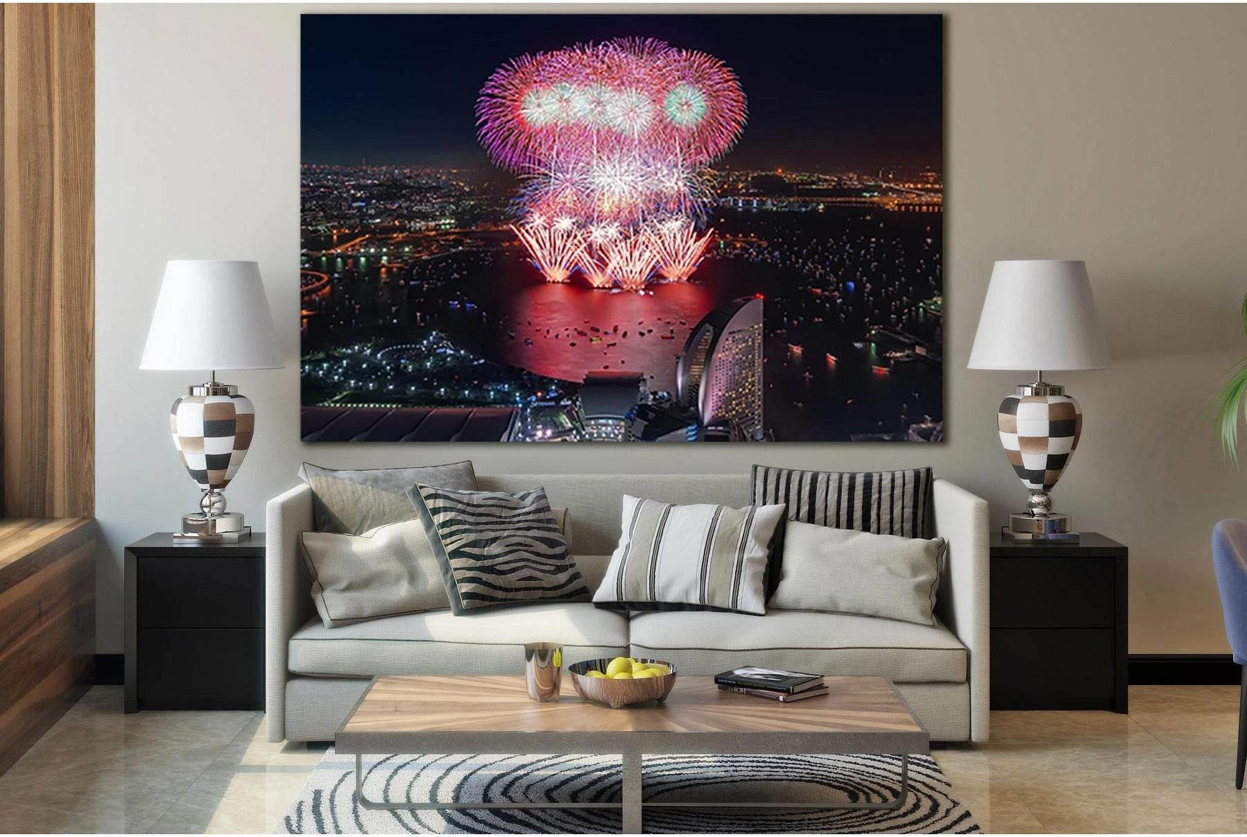 Fireworks In Yokohama Japan №SL1463 Ready to Hang Canvas Print - Zellart Canvas Prints 0new, ALL_Products, CITYSCAPES & SKYLINES