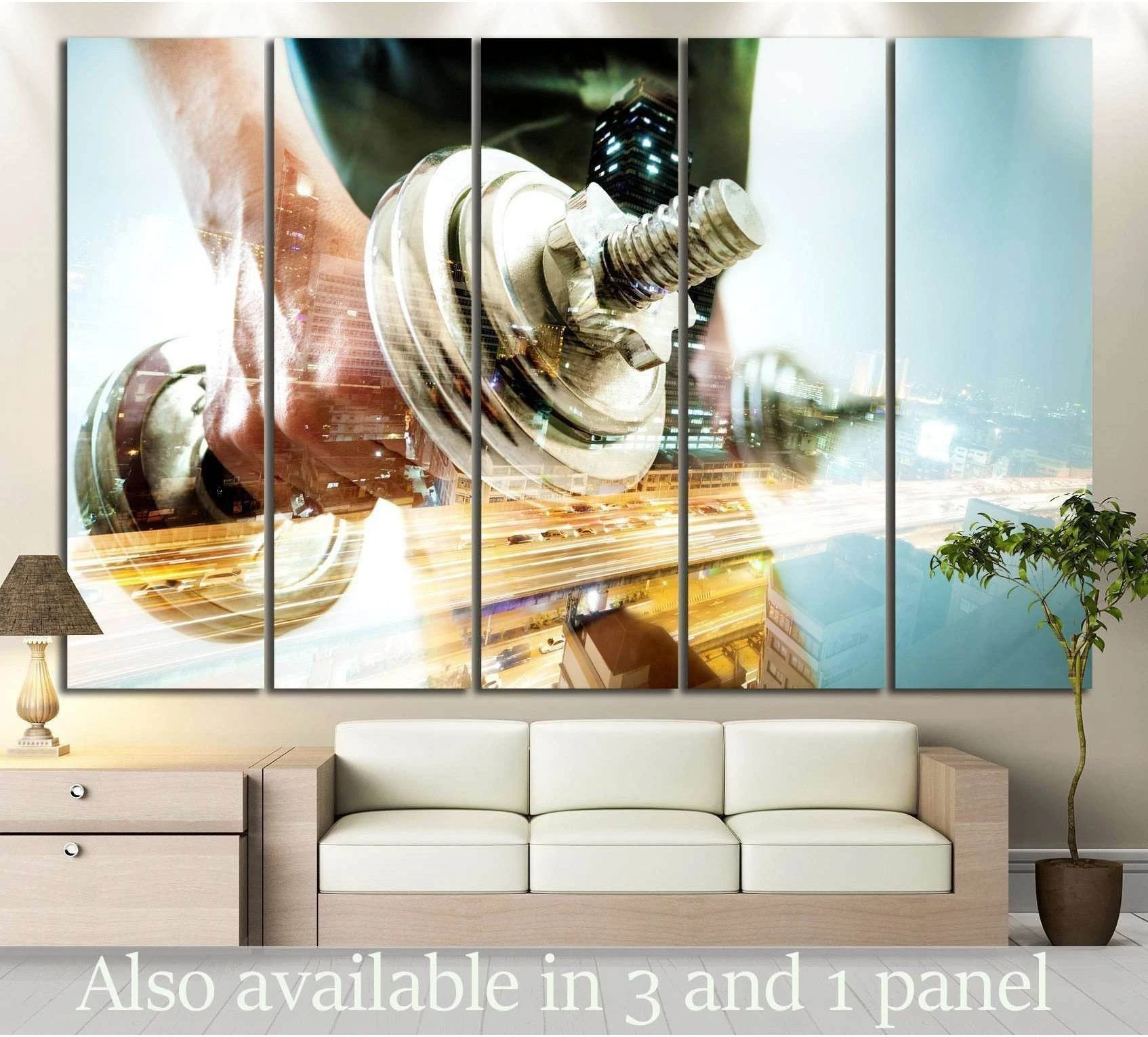 Close-up dumbbell canvas print with urban light trails displayed above a sofa in a modern room